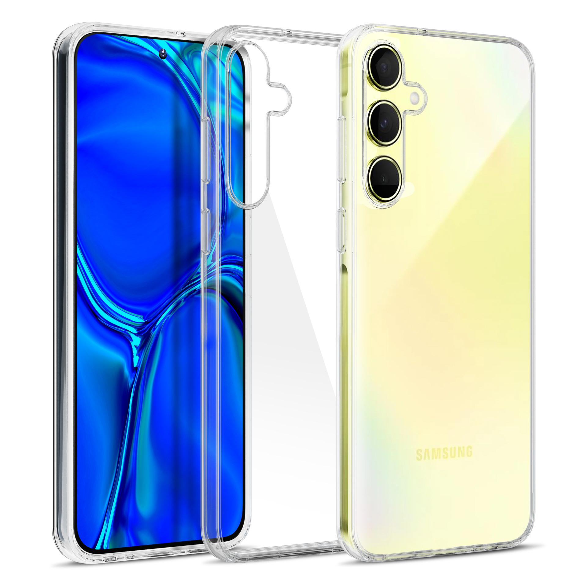 Żółty telefon w przezroczystym etui. Widoczny niebieski ekran. Logo Samsung z tyłu.
