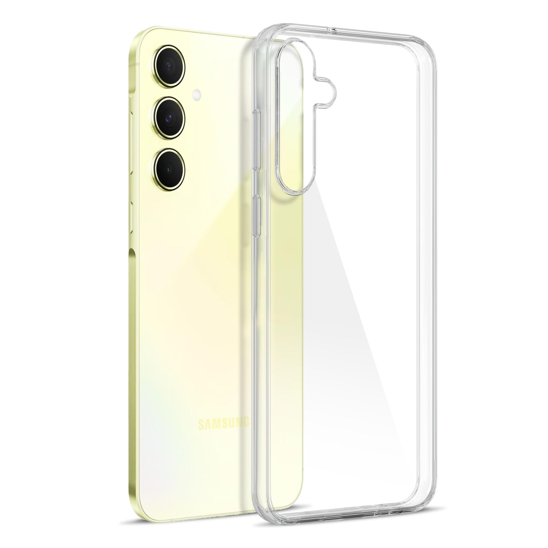 Żółty telefon Samsung z przezroczystym etui, ustawiony na białym tle.