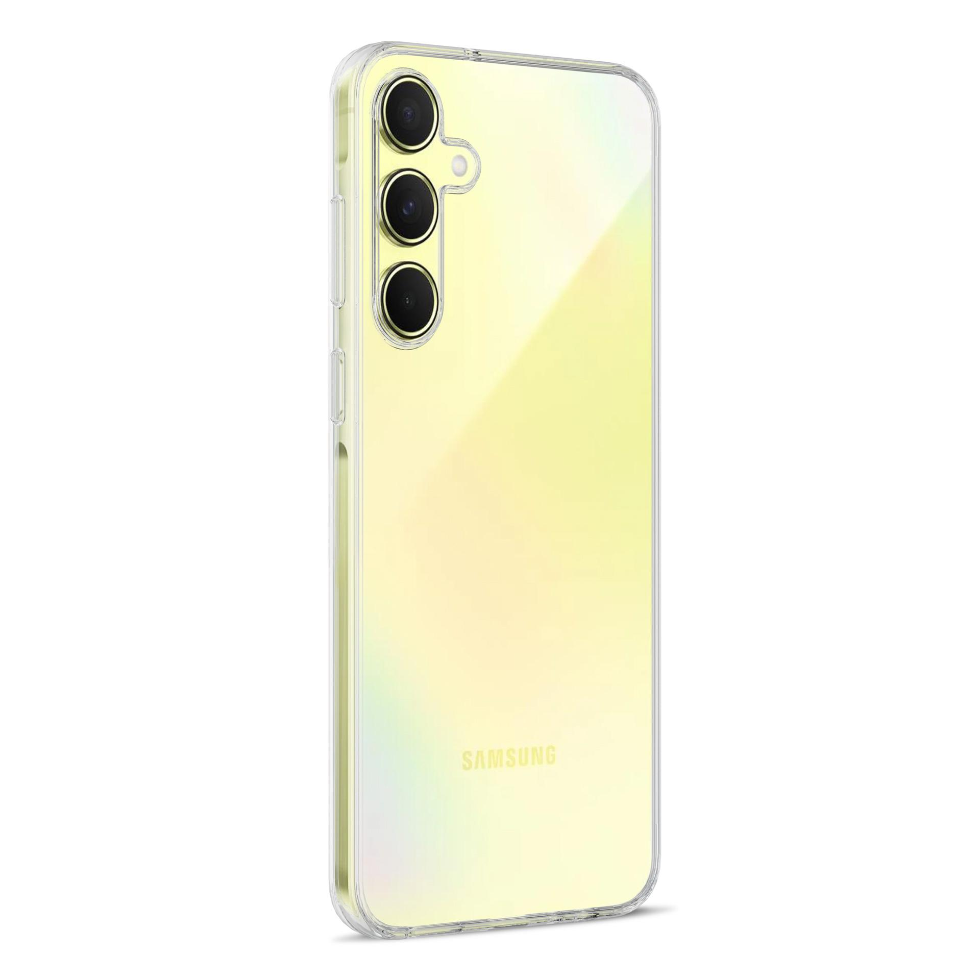 Żółty telefon Samsung w przezroczystym etui, z trzema aparatami, na białej powierzchni.