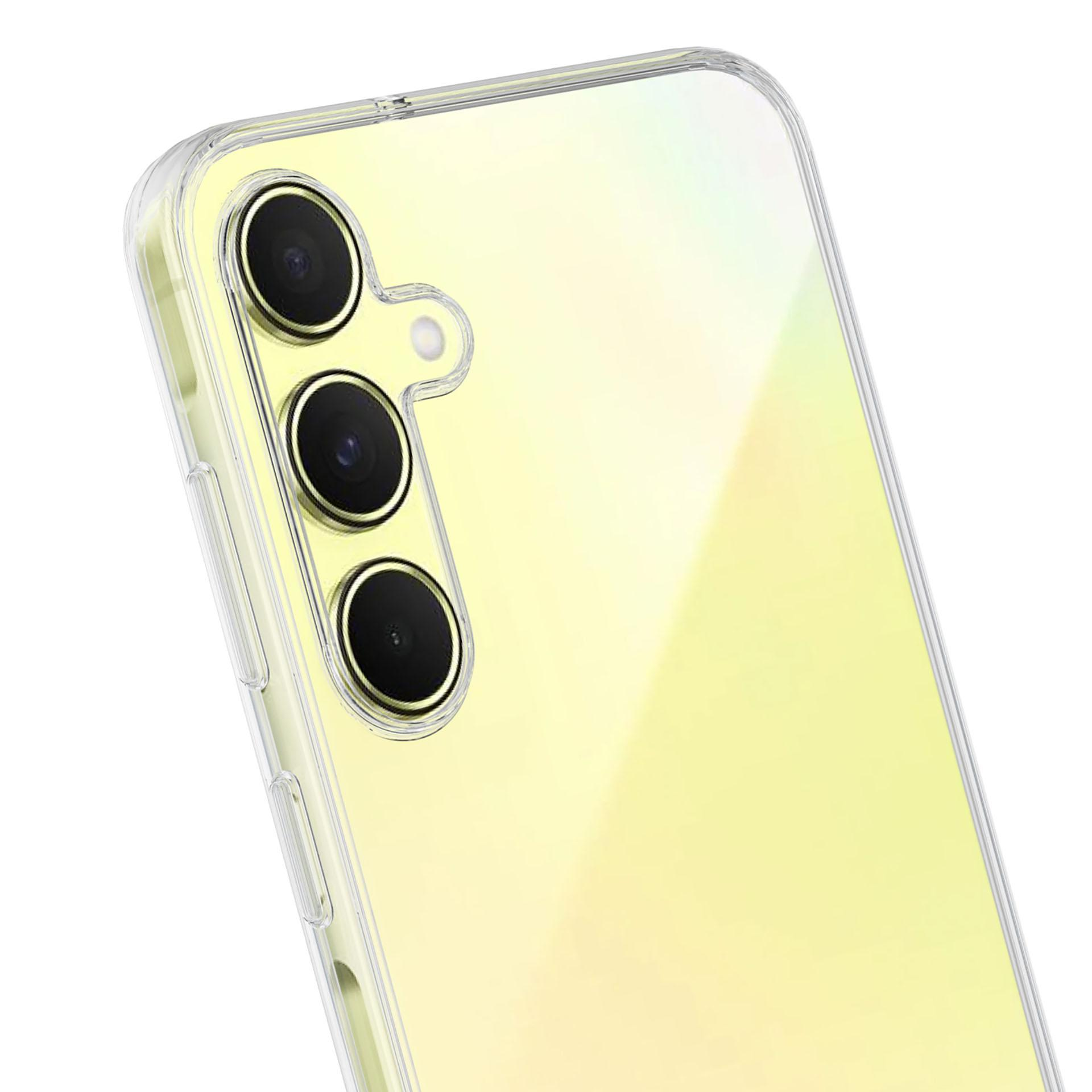 Zbliżenie żółtego telefonu z przezroczystym etui, widoczne obiektywy aparatu.