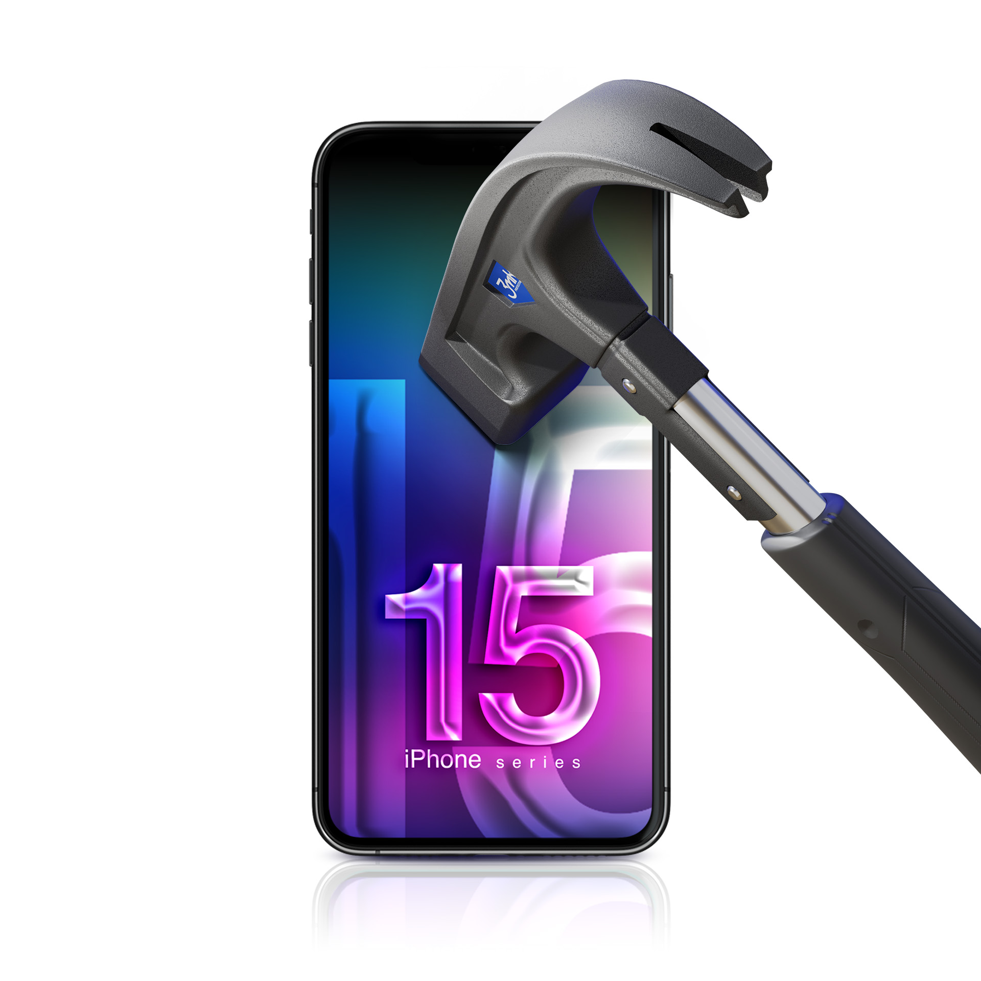 Zdjęcie przedstawia młotek uderzający w telefon z folią ochronną. Na wyświetlaczu widnieje liczba 15.