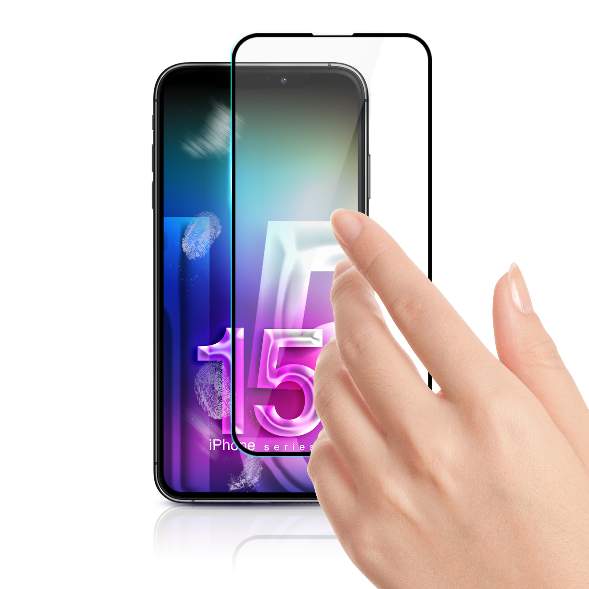 Zdjęcie przedstawia dłoń nakładającą folię ochronną na telefon. Na wyświetlaczu widnieje liczba 15.
