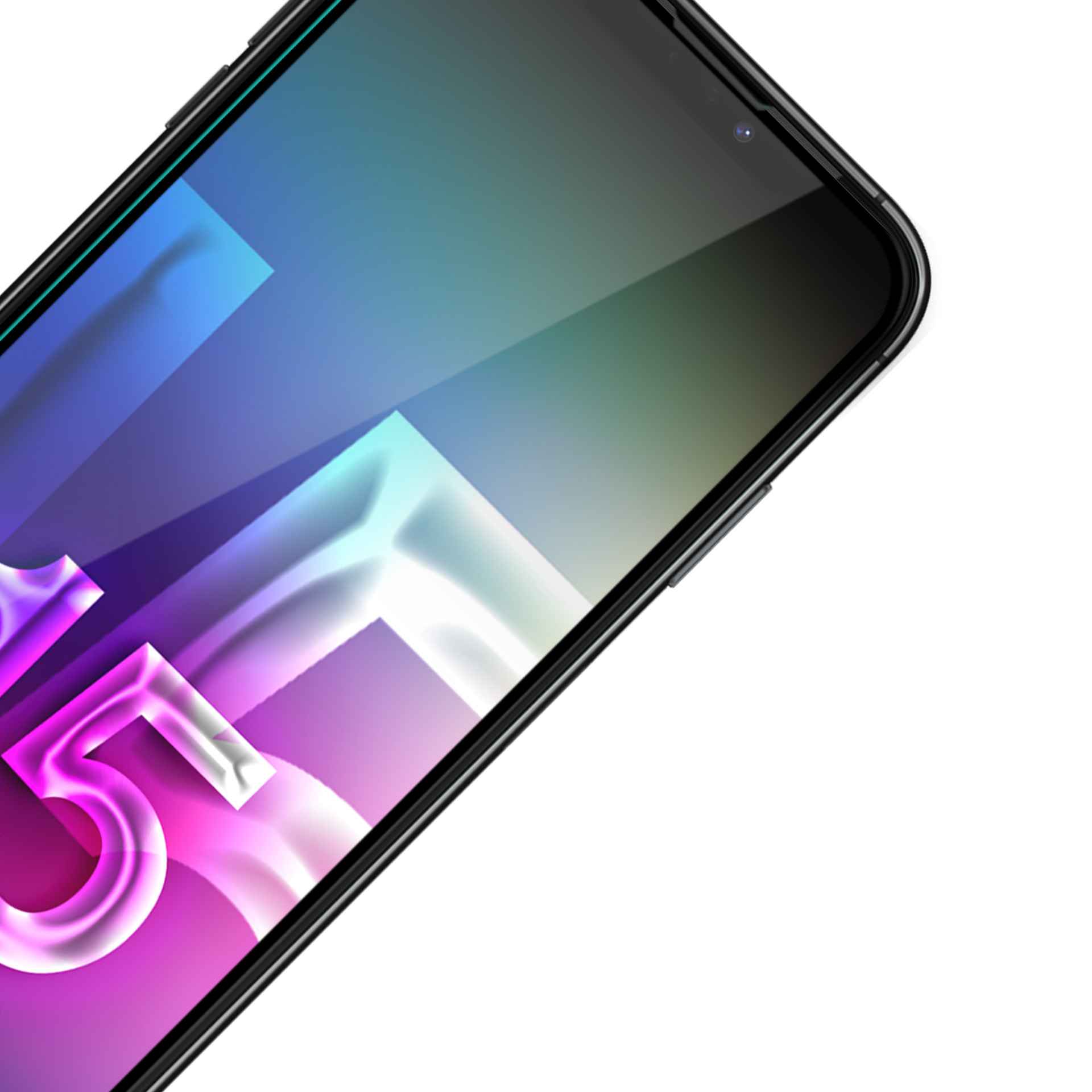 Zbliżenie telefonu z folią ochronną. Na wyświetlaczu widnieje liczba 15 w kolorze różowym i niebieskim.