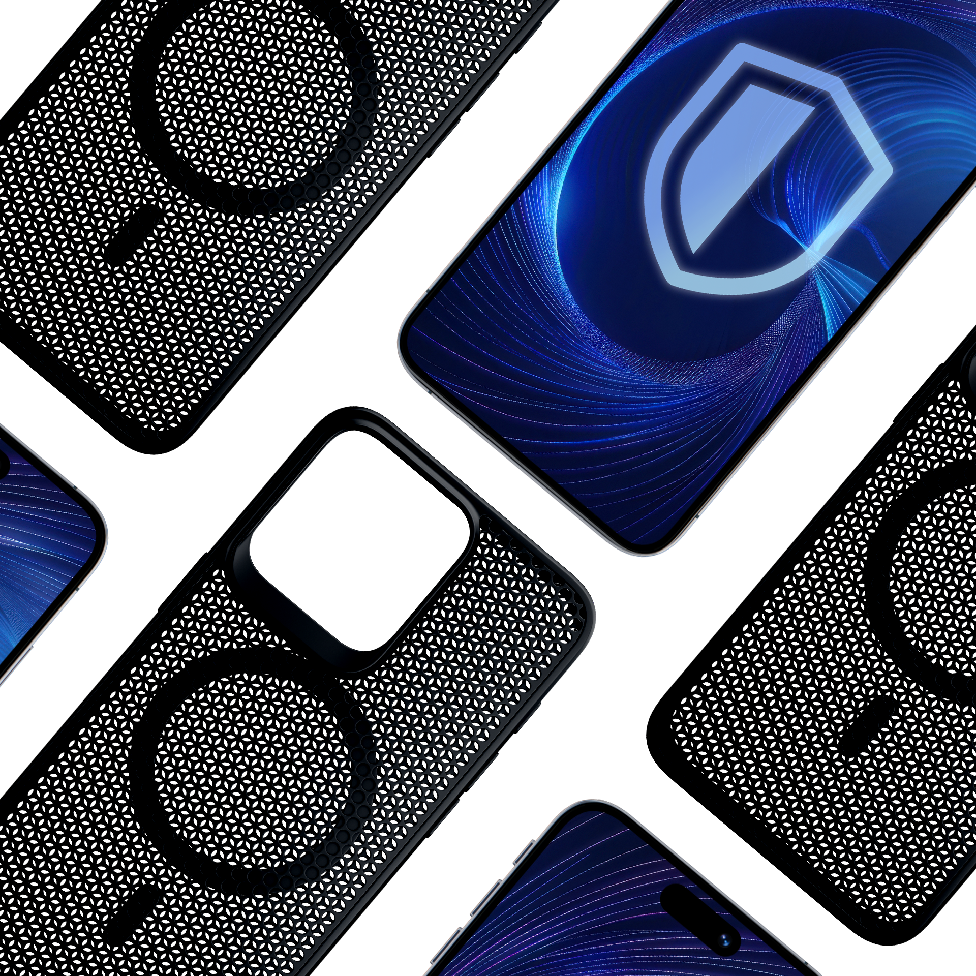 Zdjęcie przedstawia wiele czarnych etui na telefony z okrągłym wzorem i telefony z tarczą na ekranie.