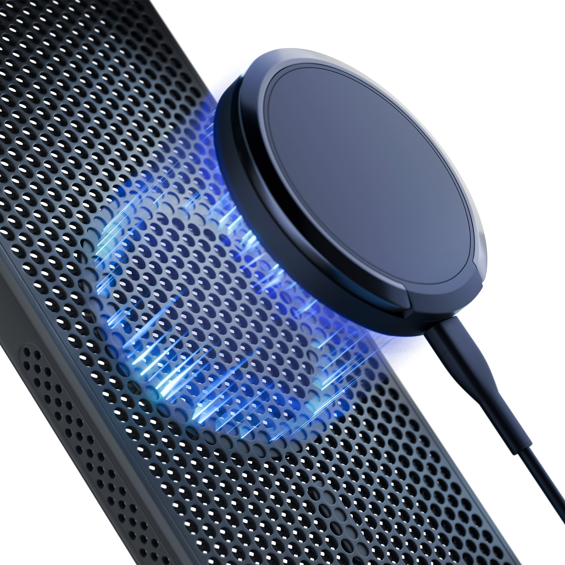 Czarna ładowarka bezprzewodowa na szarej metalowej siatce z niebieskimi promieniami.