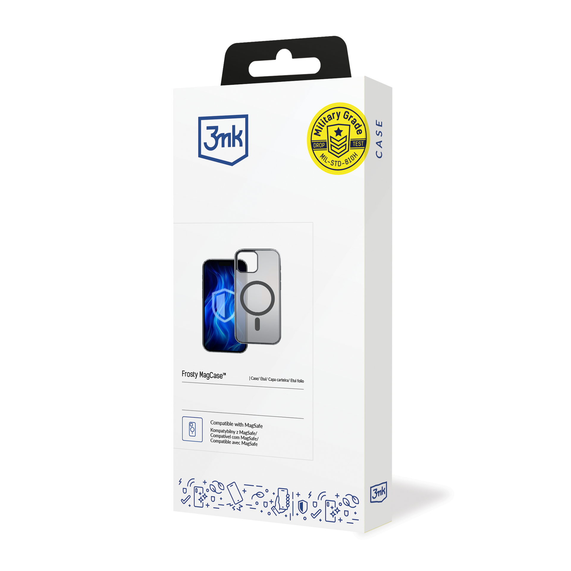 Białe pudełko wyświetla logo 3mk, emblemat klasy wojskowej i obraz etui na telefon, promując jego funkcje i markę.