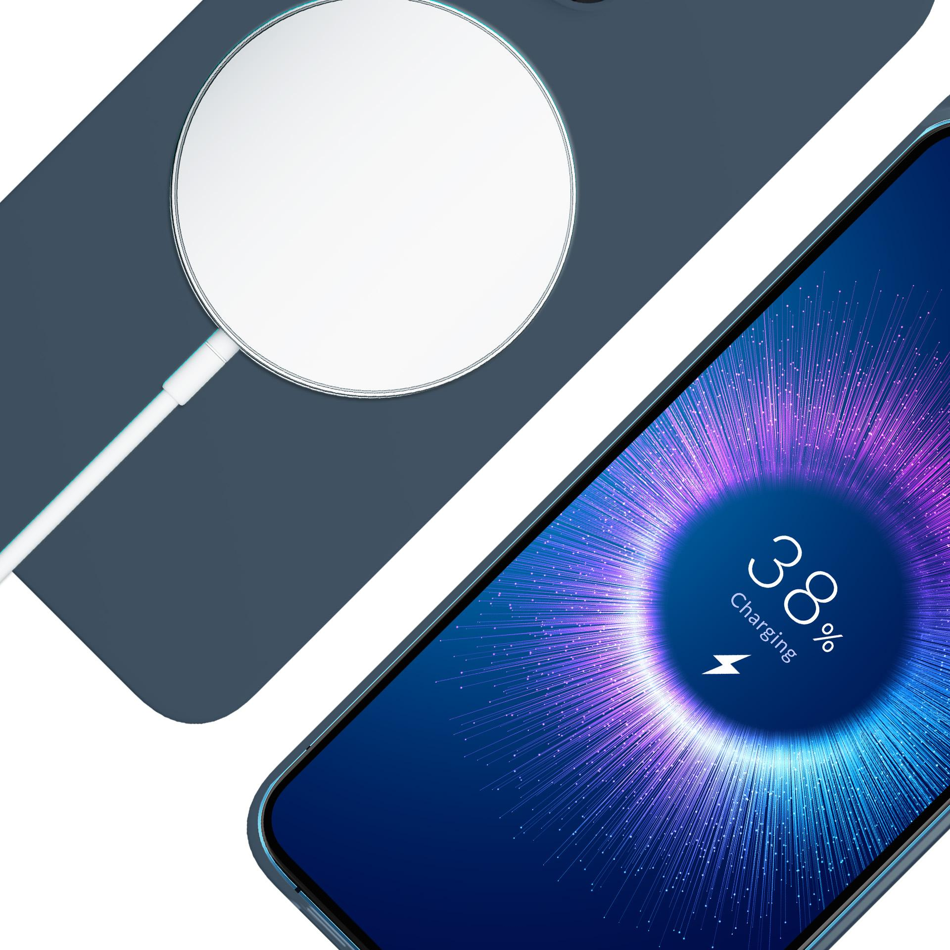 Ładowarka bezprzewodowa ładuje telefon wyświetlający żywy ekran ładowania pokazujący 38%, obok granatowego etui na telefon.