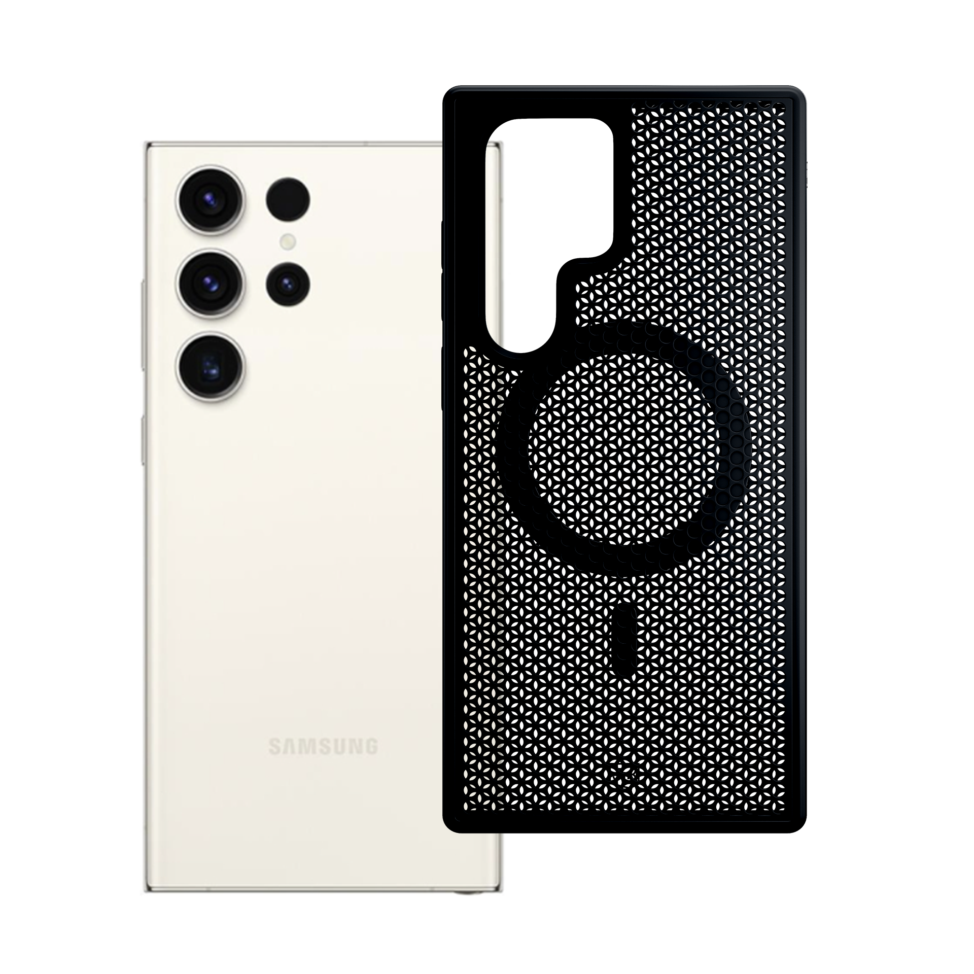 Telefon obok czarnego etui z okrągłym wycięciem. Etui ma trójkątny wzór i pierścień magnetyczny.