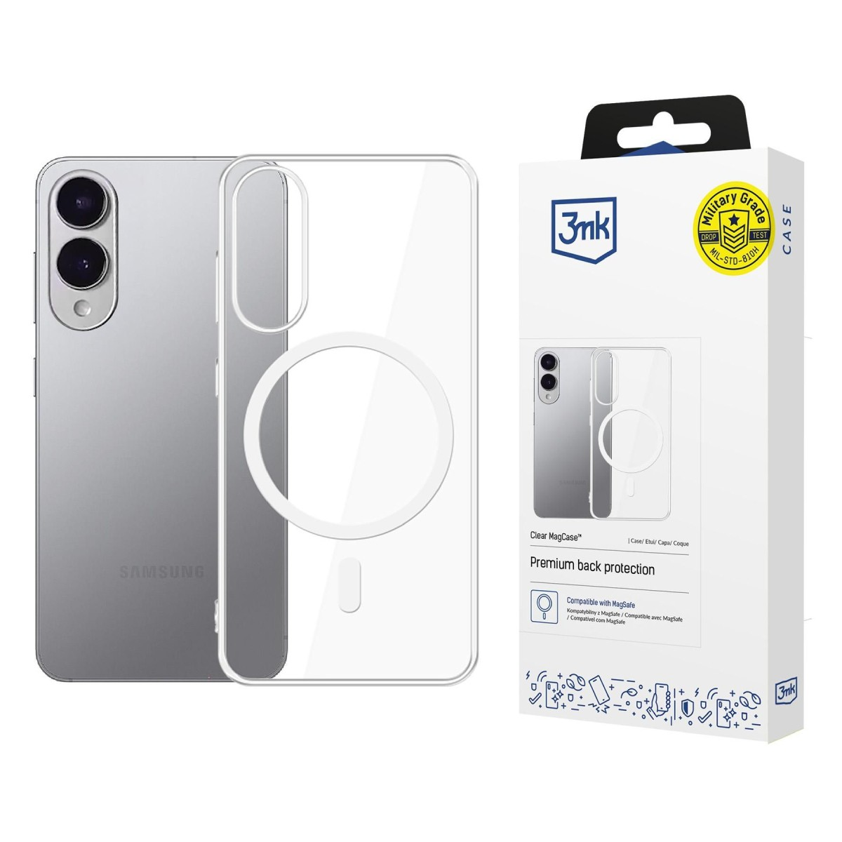 Telefono accanto a una scatola per custodia del telefono. La scatola è bianca con l'immagine di un telefono all'interno di una custodia.