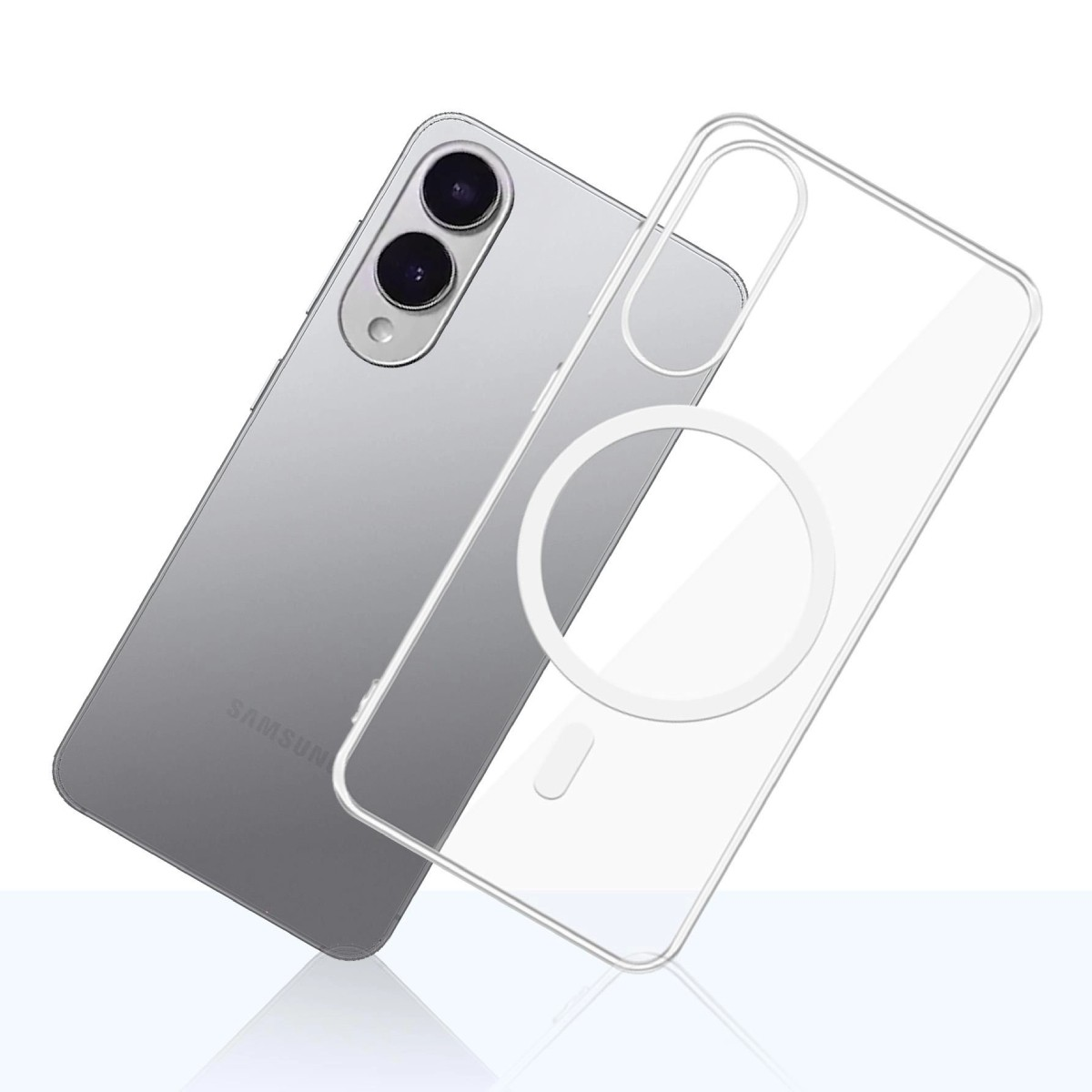 Telefono accanto a una custodia trasparente. Il telefono è grigio e ha due fotocamere.