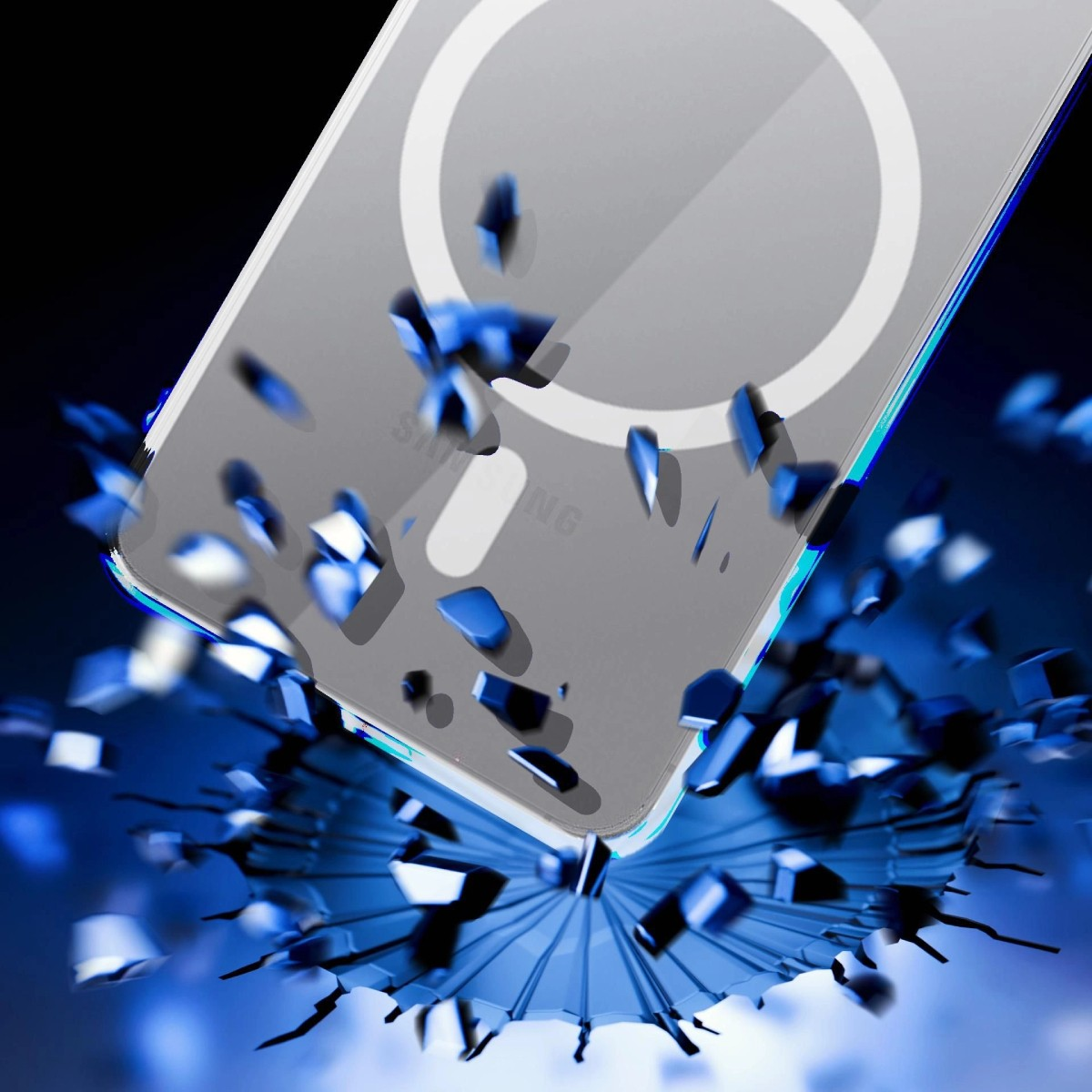 Custodia trasparente con anello magnetico. Schegge blu la circondano, creando un effetto dinamico e protettivo.