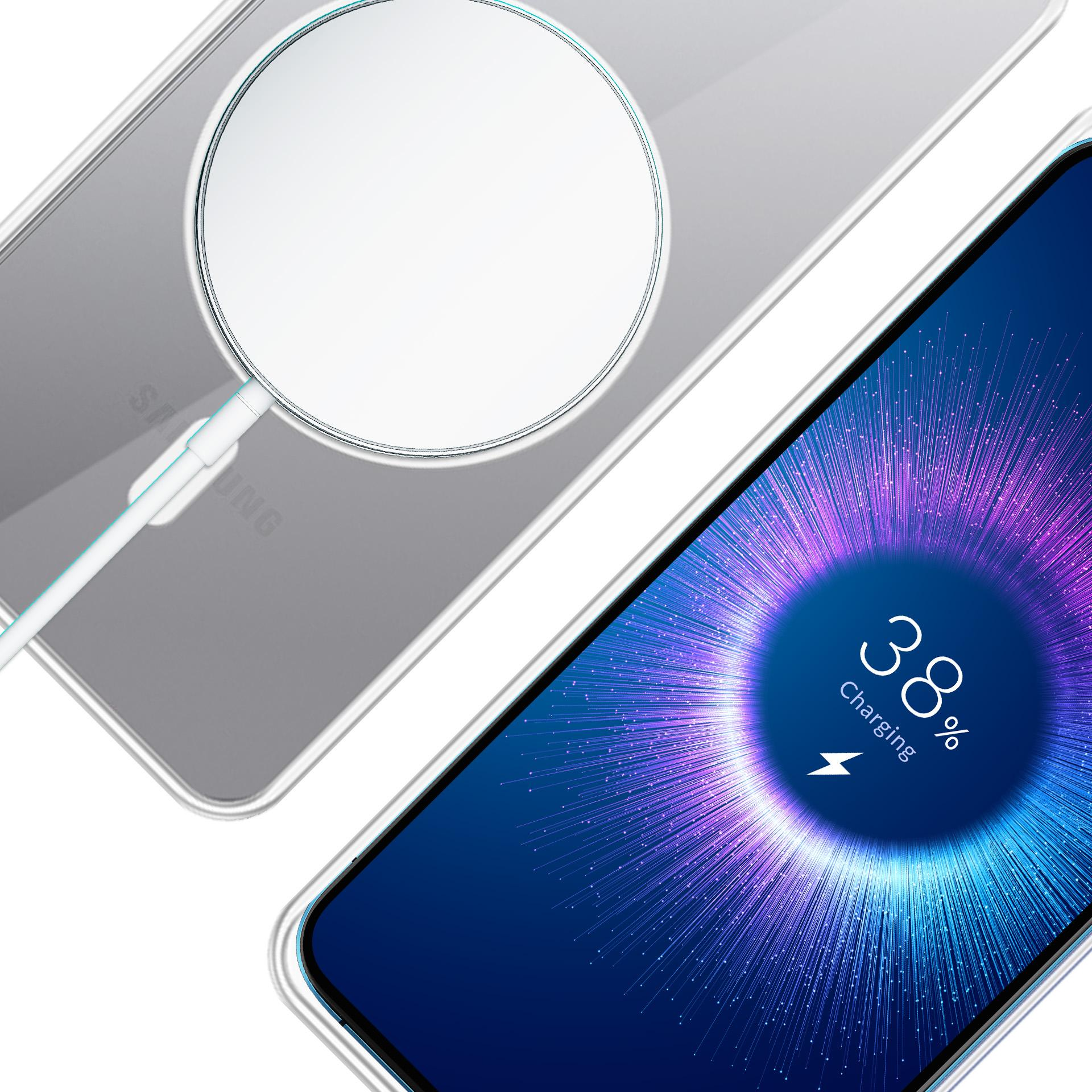 Custodia trasparente con anello magnetico, che carica un telefono che mostra il 38% su uno sfondo radiale colorato.