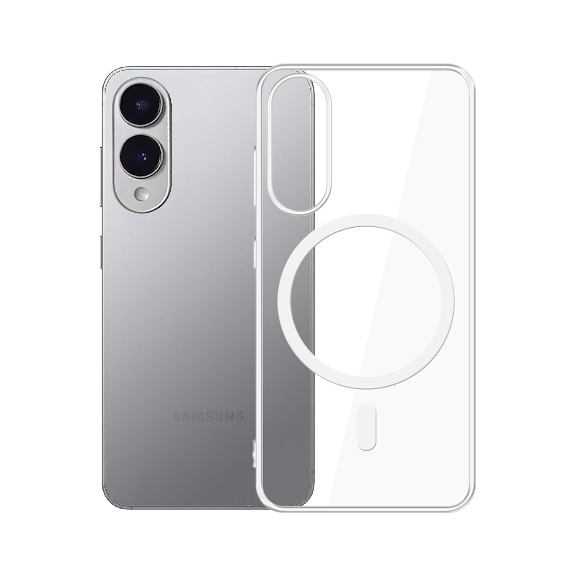 Uno smartphone grigio con una custodia trasparente dotata di anello magnetico, che mostra sia il design del telefono.