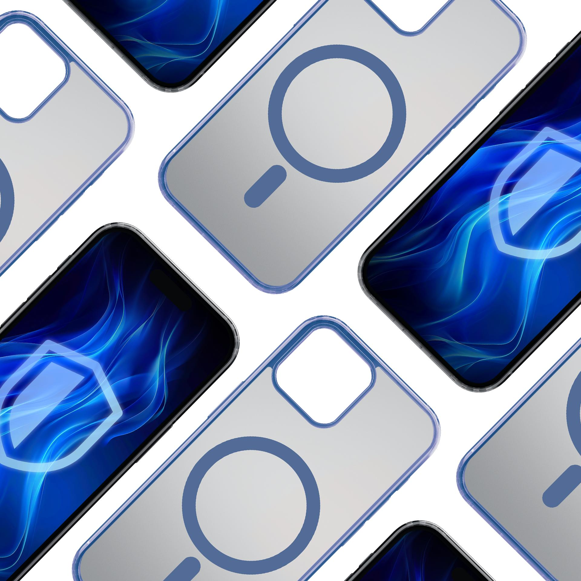 Wiele telefonów w przezroczystych etui. Ekrany wyświetlają logo niebieskiej tarczy.