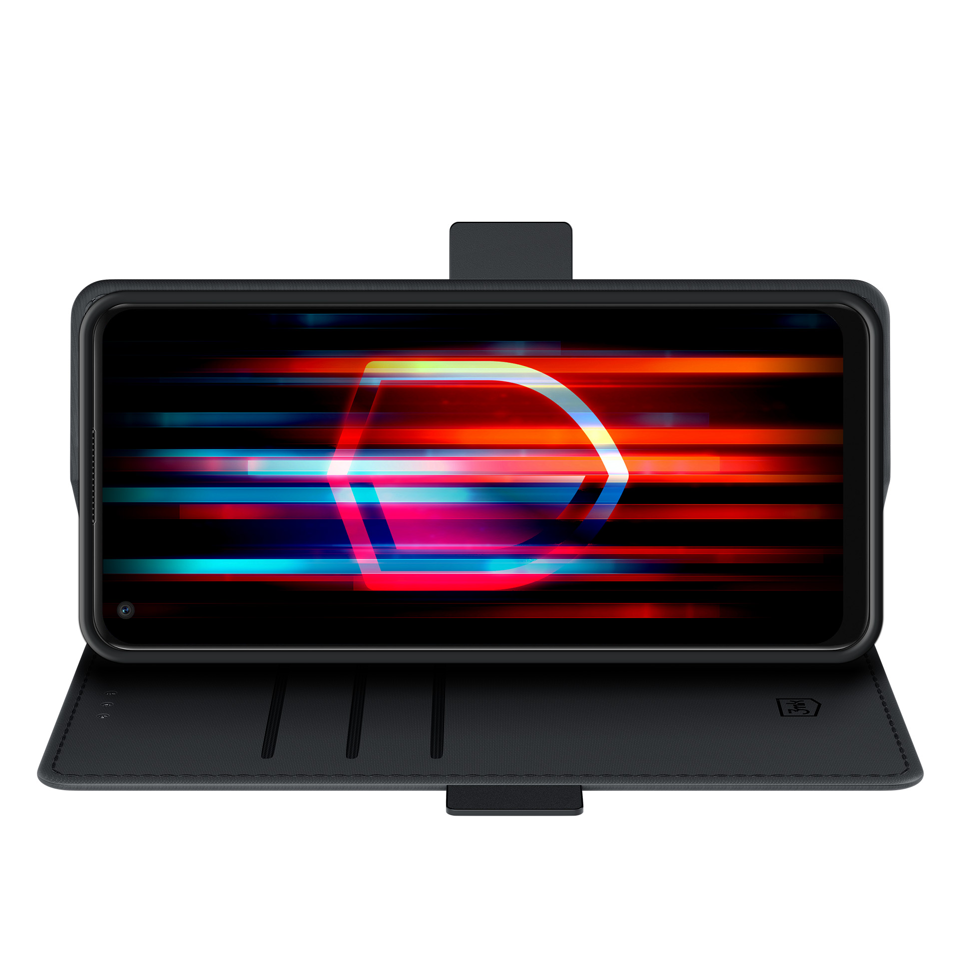 Otwarta czarna kabura z portfelem z telefonem wyświetlającym kolorowy wzór tarczy.