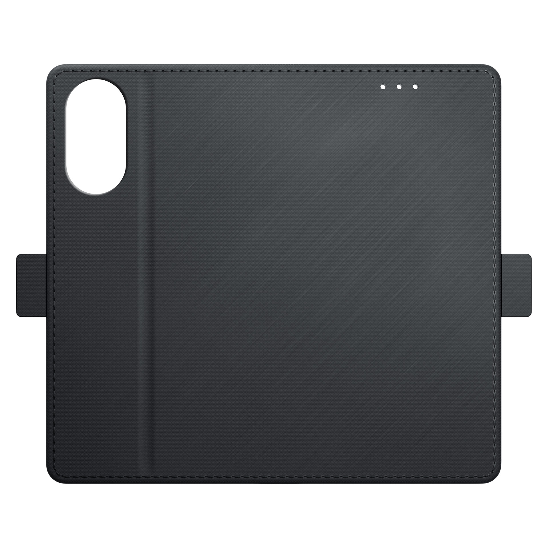 Zamknięte czarne etui portfelowe z teksturowaną powierzchnią i magnetycznym zamknięciem.