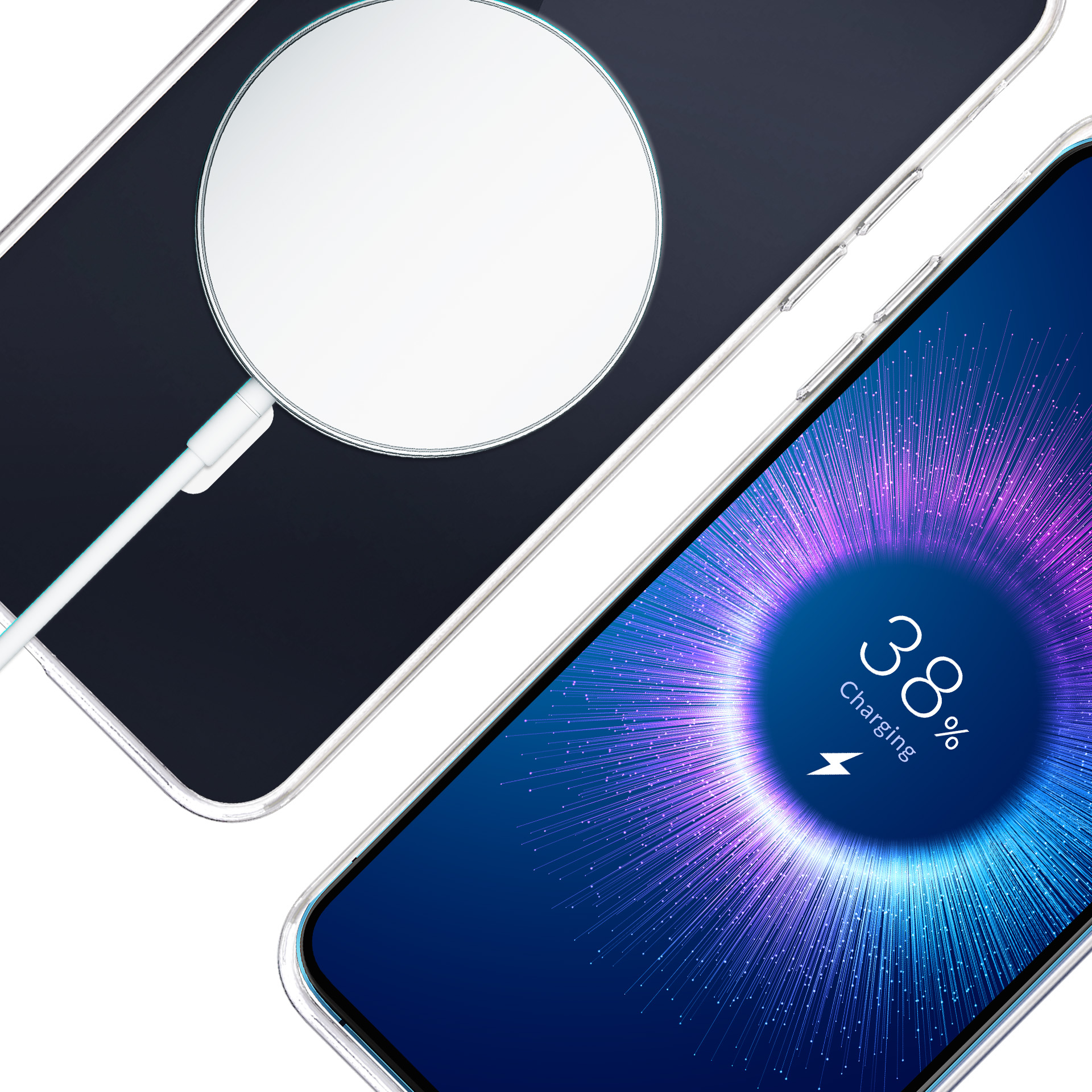 Smartfon pokazuje 38% naładowania na wyświetlaczu, podłączony do ładowarki bezprzewodowej.