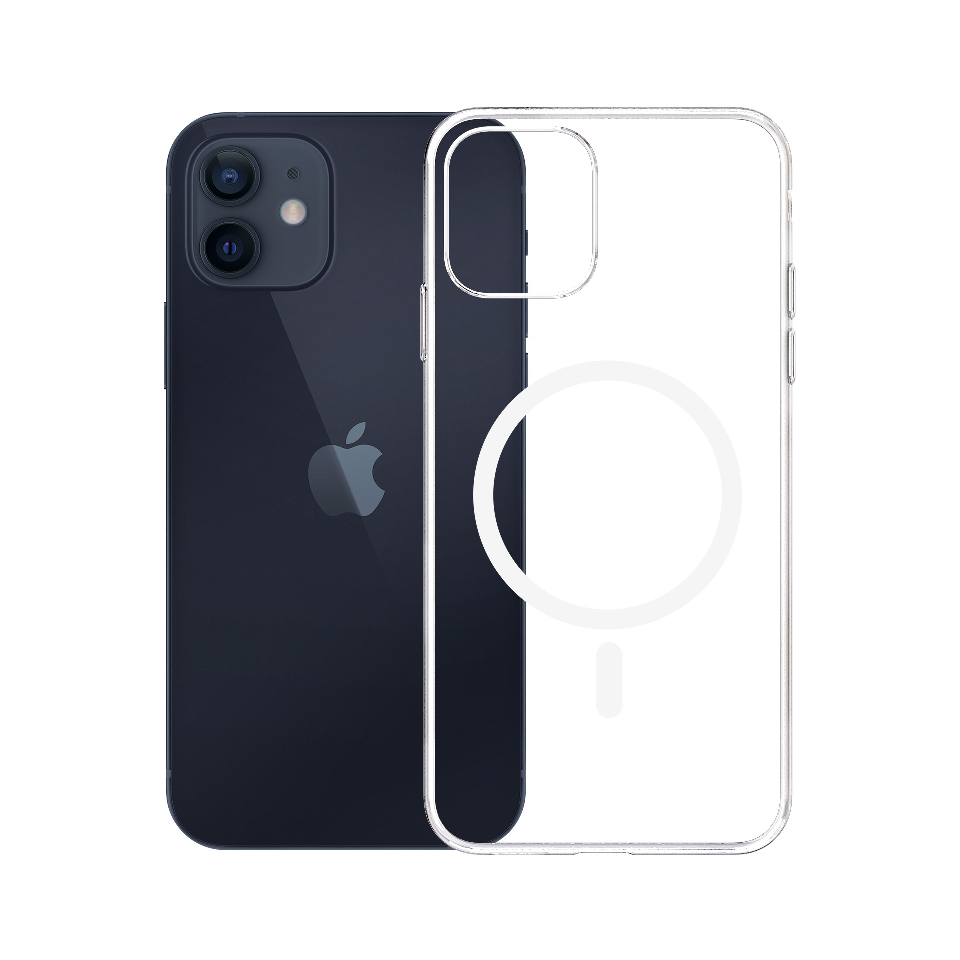 Czarny telefon obok przezroczystego etui ujawnia funkcję ładowania MagSafe.