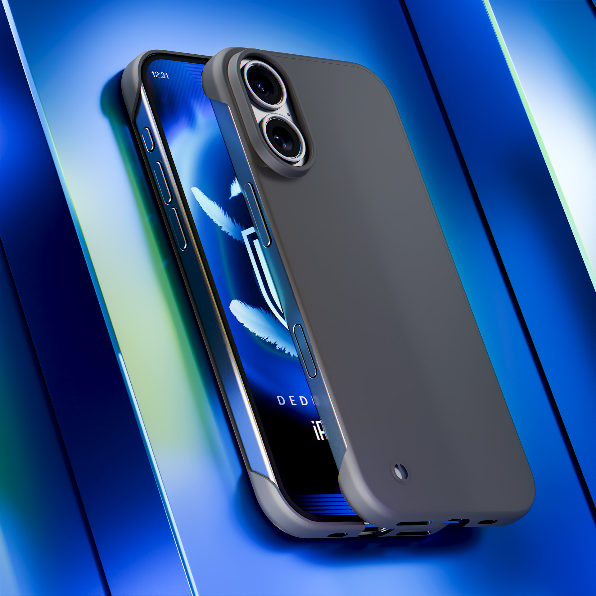 Szare etui na telefon jest prezentowane na niebieskiej powierzchni z odbiciami światła.