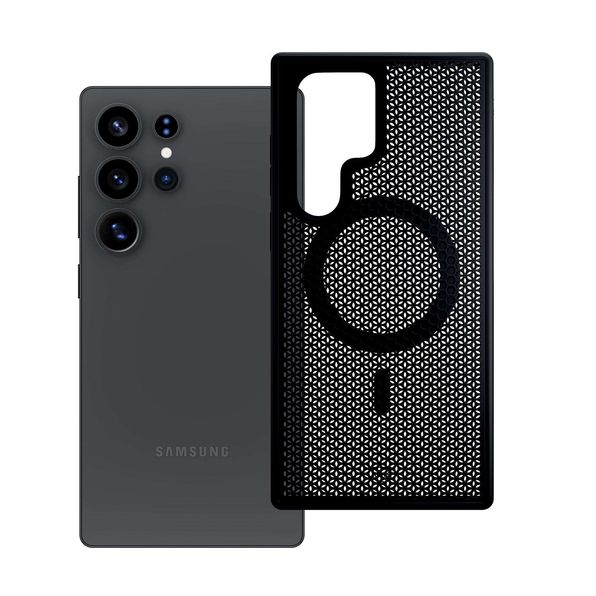 Czarny telefon Samsung i etui MagSafe są wyświetlane obok siebie.