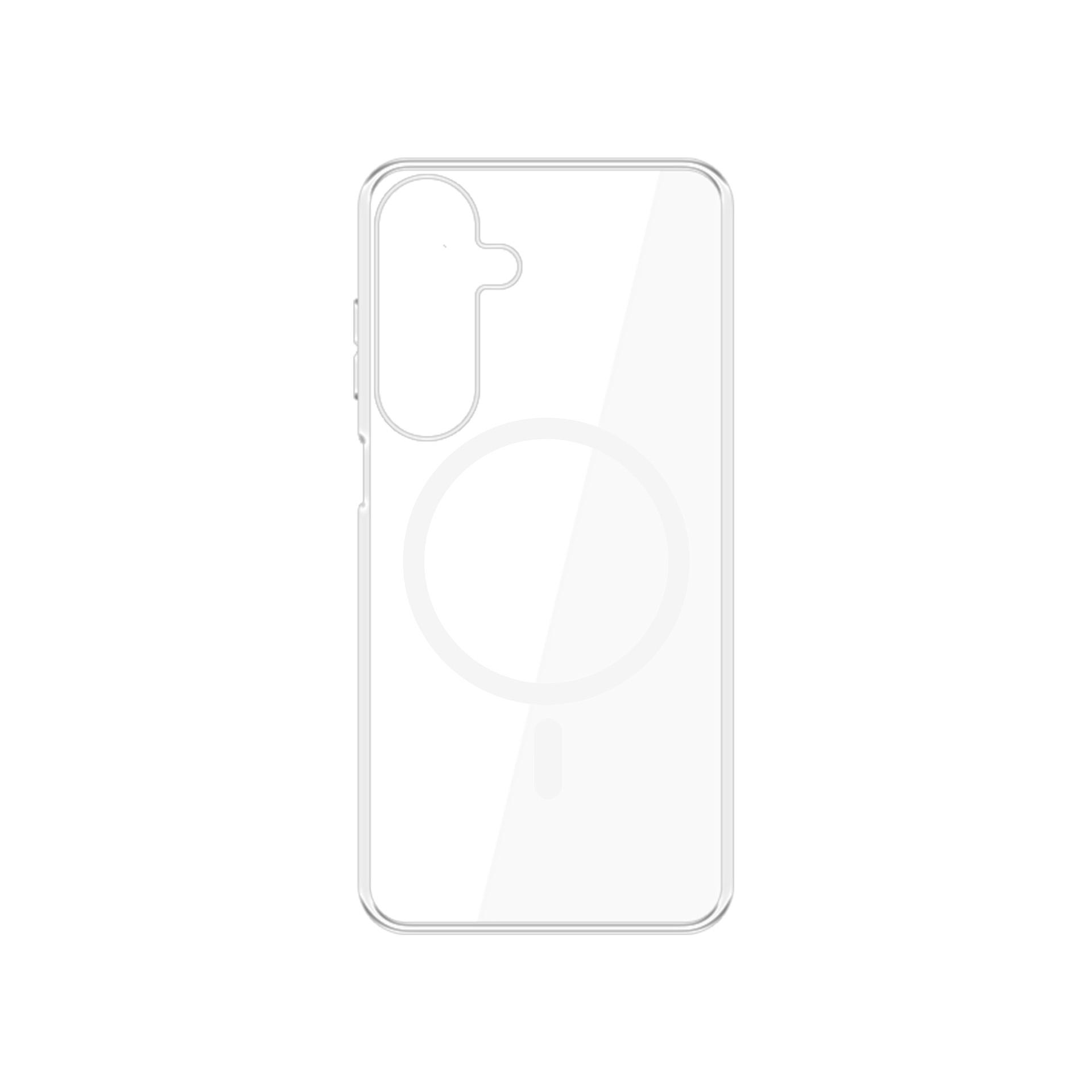 Przezroczyste etui na telefon z pierścieniem magsafe jest wyśrodkowane na białym tle.