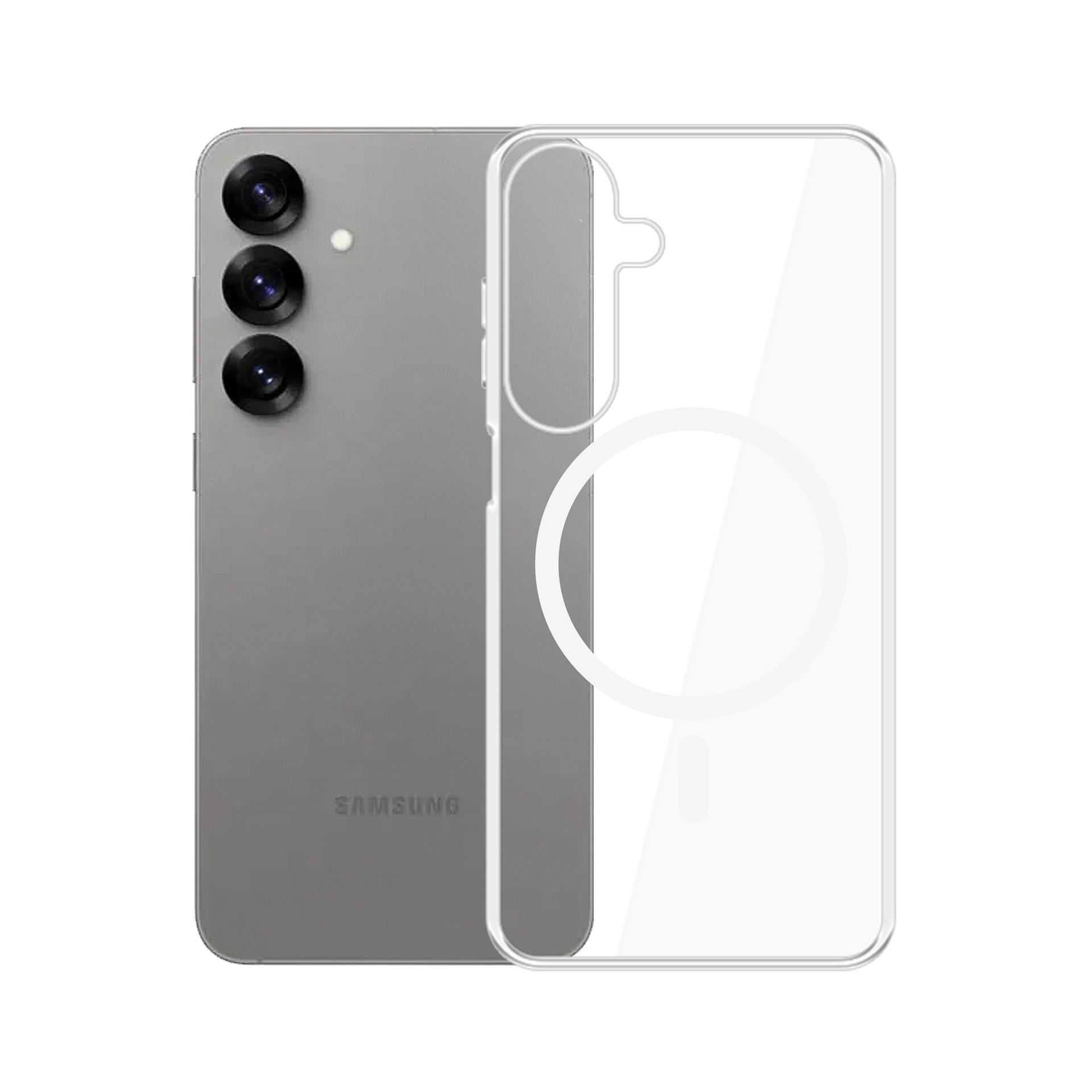 Szary telefon znajduje się obok przezroczystego etui na telefon z pierścieniem magnetycznym, oba na białym tle.