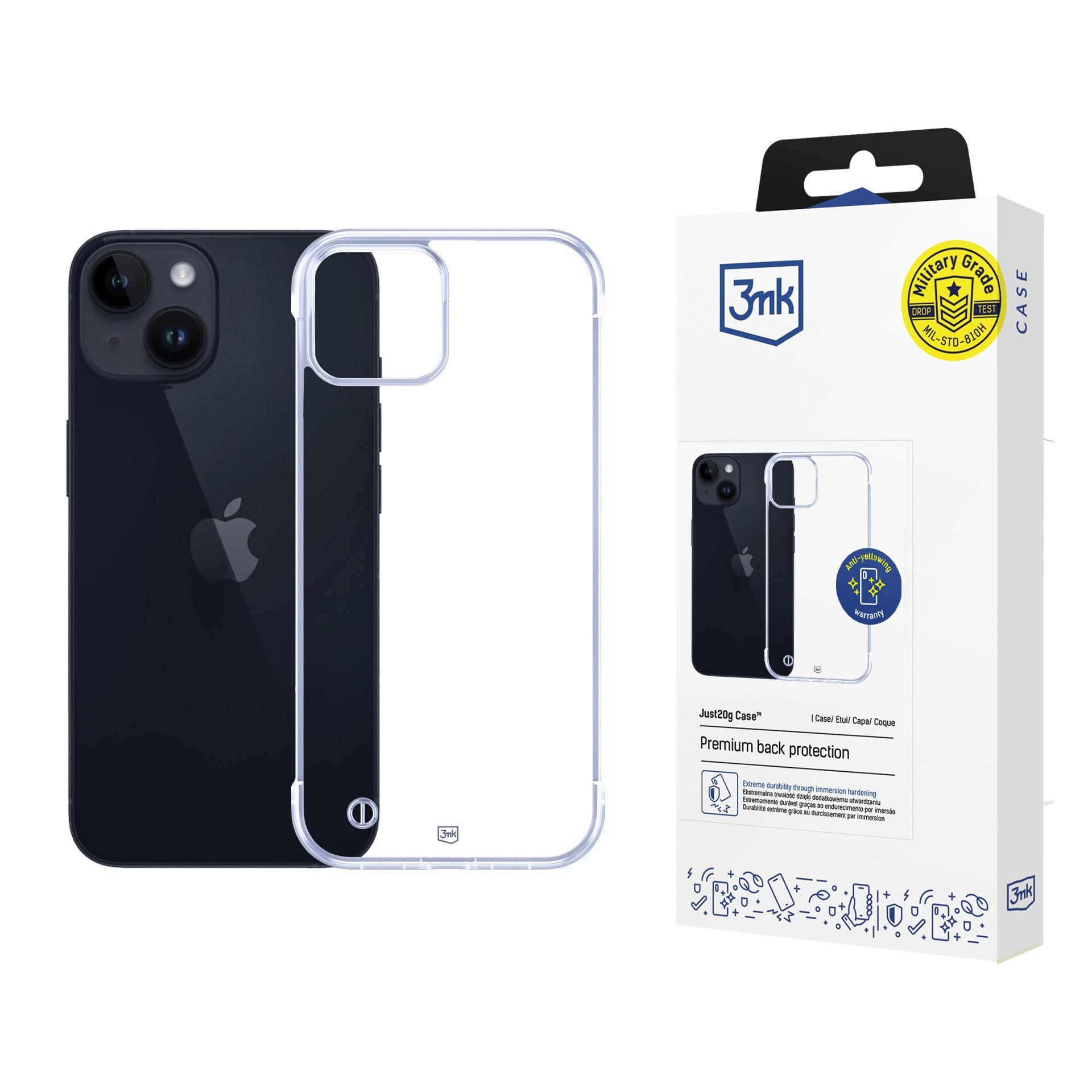 Granatowy telefon znajduje się obok przezroczystego etui na telefon z białym pudełkiem z napisem „Ochrona tylna Premium” na białym tle.