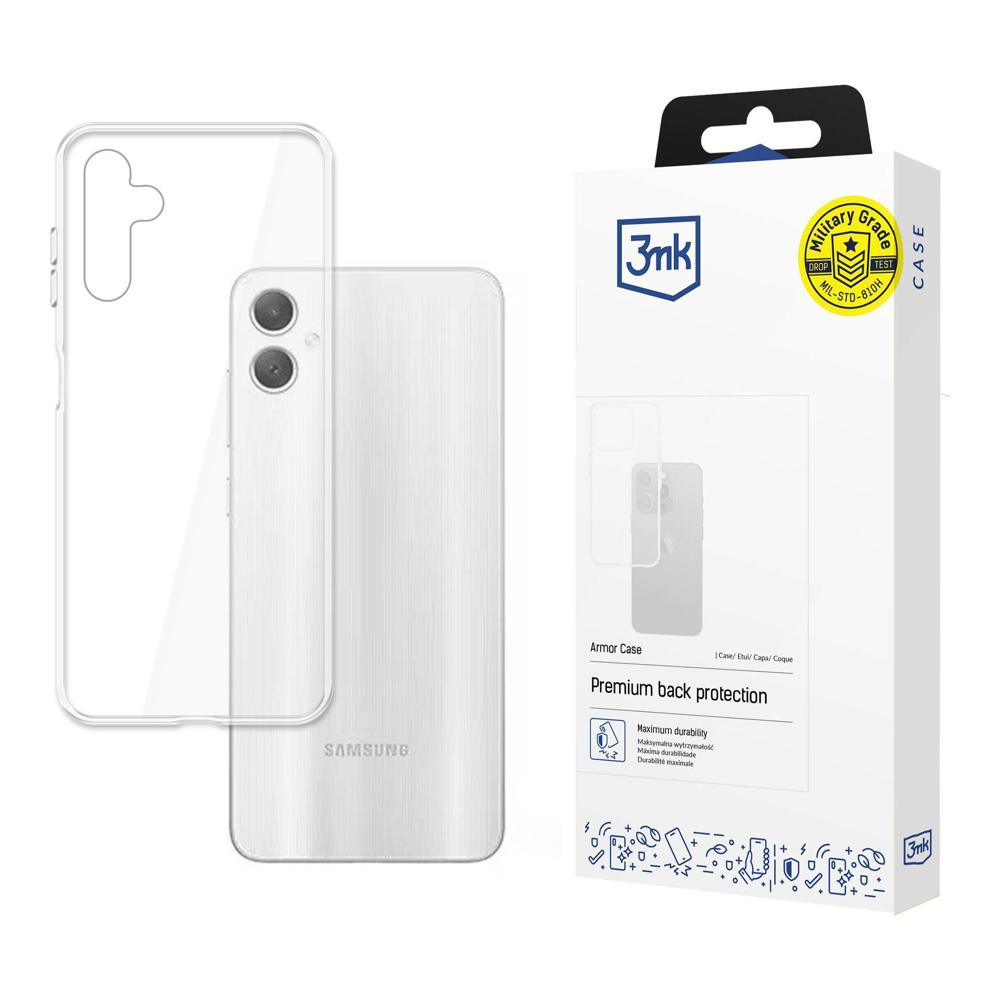 Białe pudełko prezentuje etui na telefon ze srebrnym telefonem w środku. Pudełko ma logo 3mk i napis „Ochrona tylna Premium”.