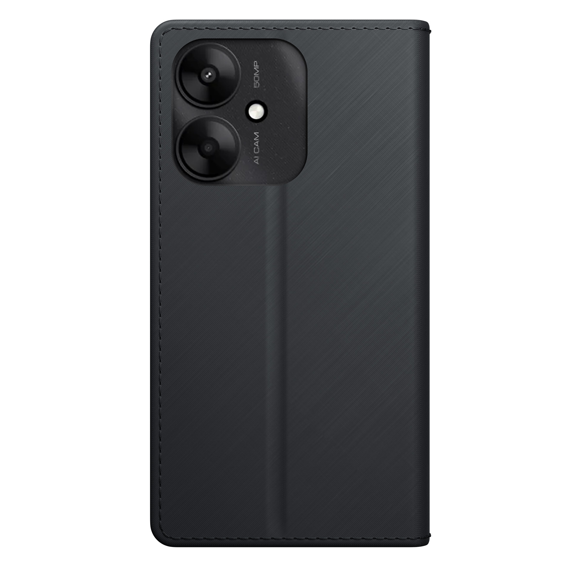 Czarne etui portfelowe otwarte, pokazujące telefon w środku.