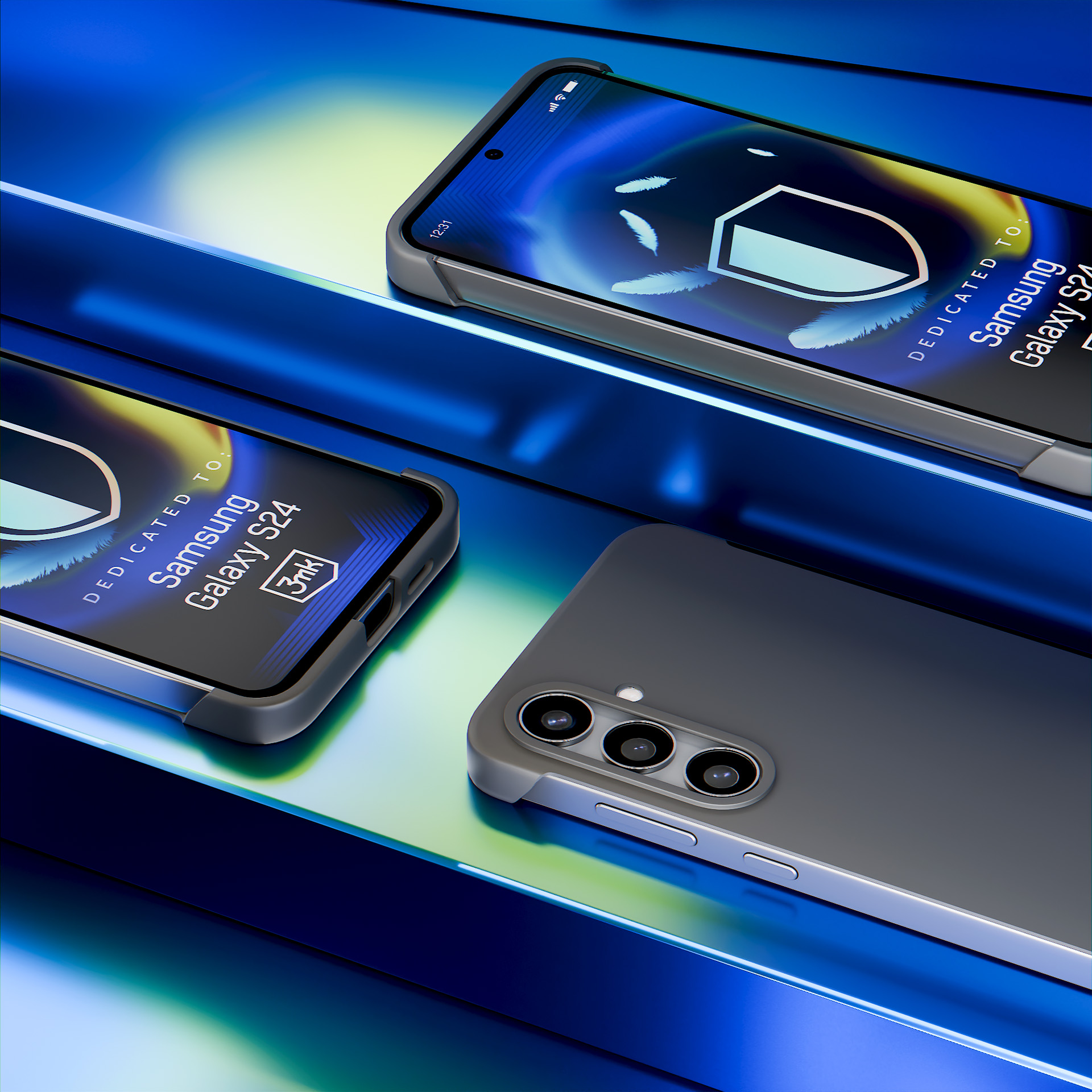 Trzy szare etui na telefon są wyświetlane na niebieskiej powierzchni, prezentując ich wygląd i funkcje ochronne.