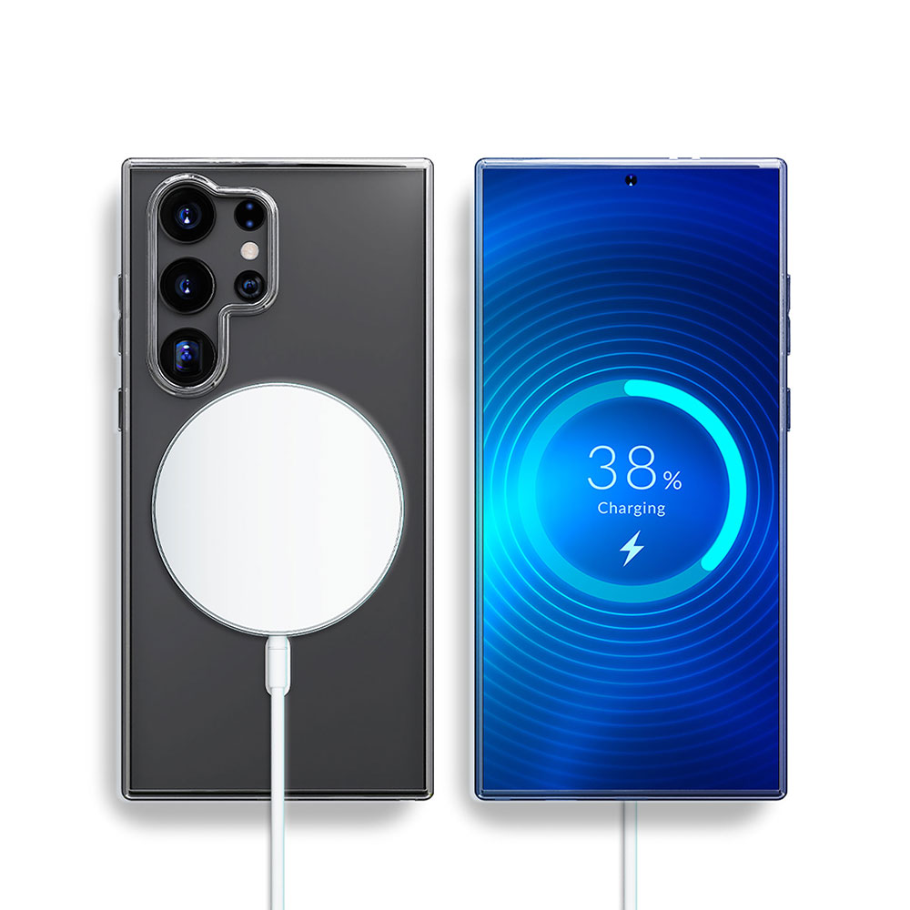 Szary telefon z przezroczystym etui jest ładowany bezprzewodowo obok innego telefonu, który pokazuje 38% naładowania.