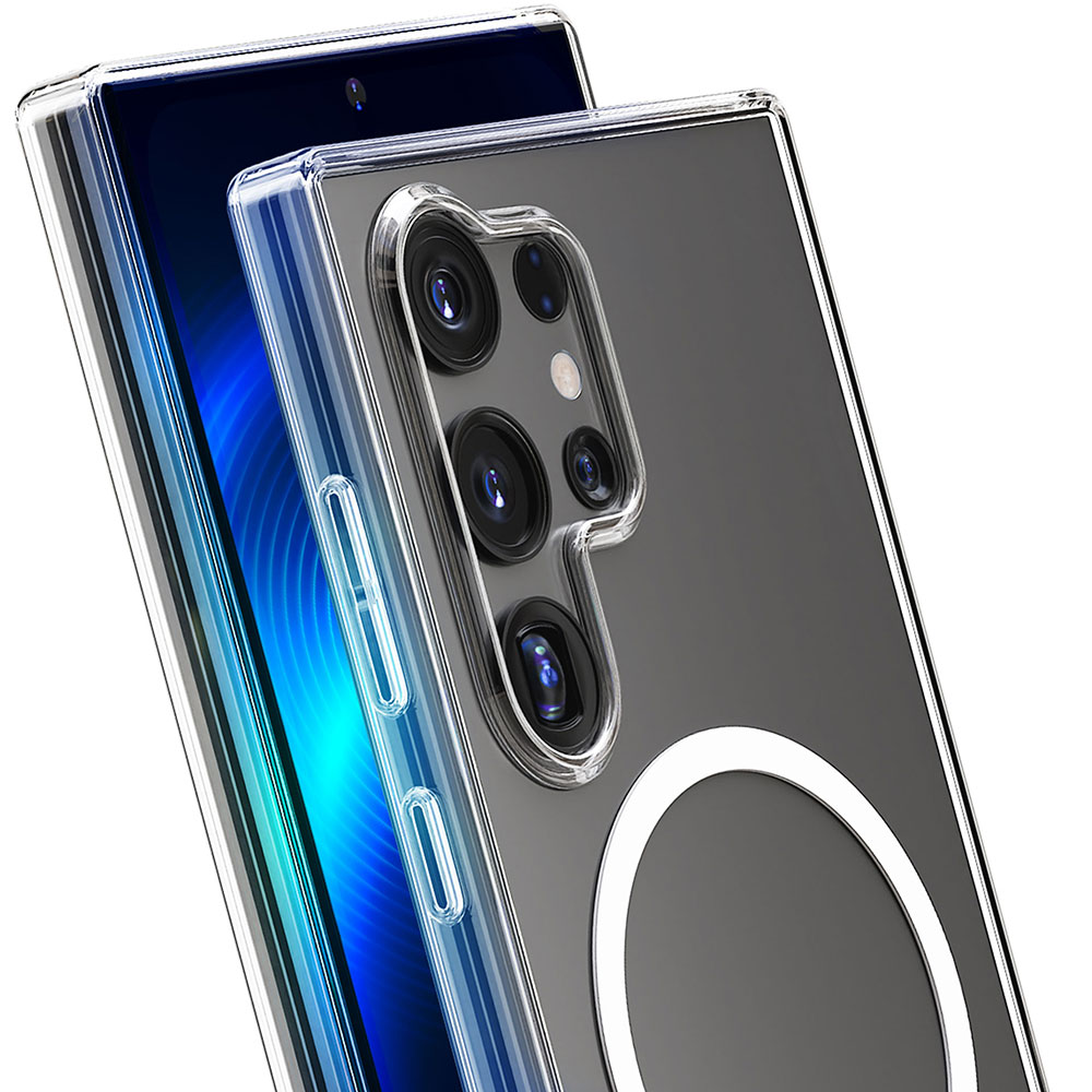 Przezroczyste etui na telefon z widocznymi obiektywami, prezentujące design i ochronę urządzenia.