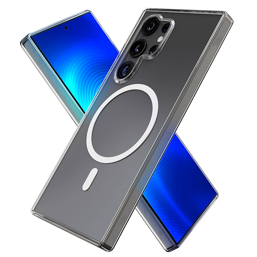 Dwa telefony przecinają się, jeden wyświetla niebieski ekran, drugi ma przezroczyste etui z pierścieniem w stylu MagSafe.