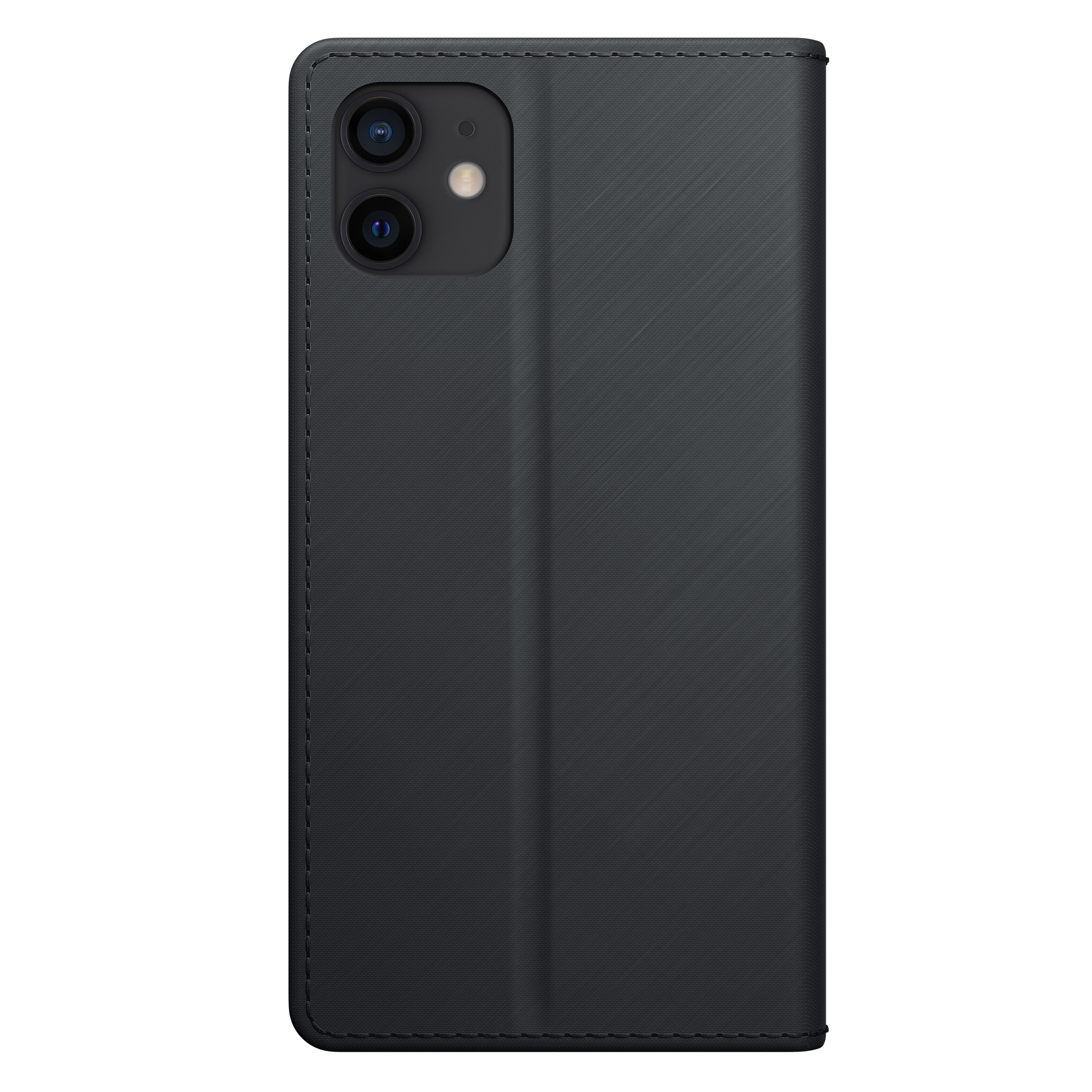 Zamknięte czarne etui na telefon w stylu portfela pokazujące obiektywy aparatu, z teksturowanym, szczotkowanym metalicznym wykończeniem.