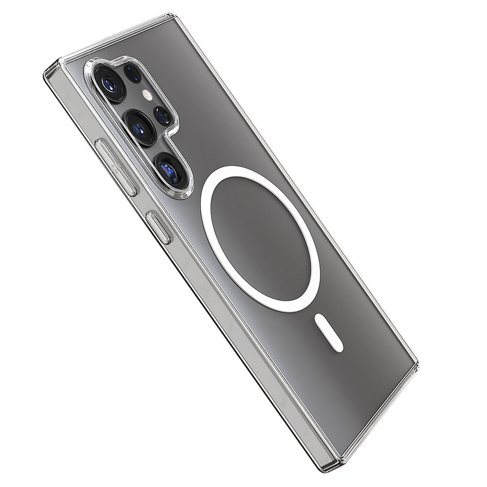 Przezroczyste etui na telefon z pierścieniem MagSafe, pokazujące obiektywy aparatu i design, podkreślające ochronę i funkcjonalność.