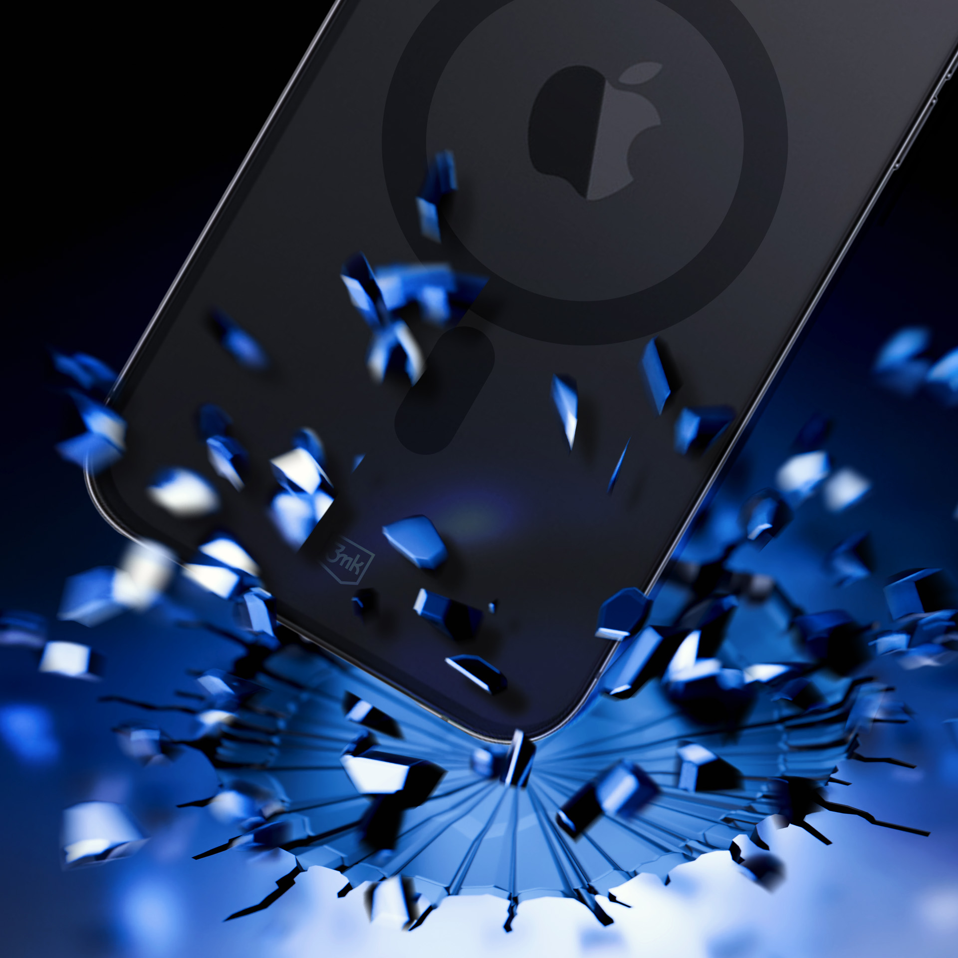 Szary telefon z pierścieniem MagSafe jest pokazany, jak rozpada się na niebieskim tle.