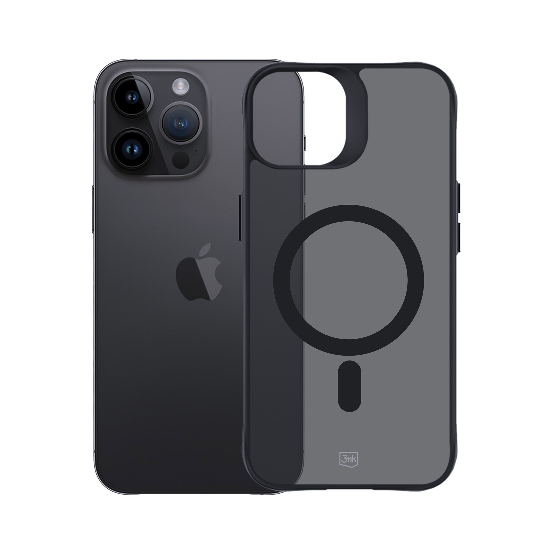 Szary telefon i etui na telefon z pierścieniem MagSafe są wyświetlane na białym tle.