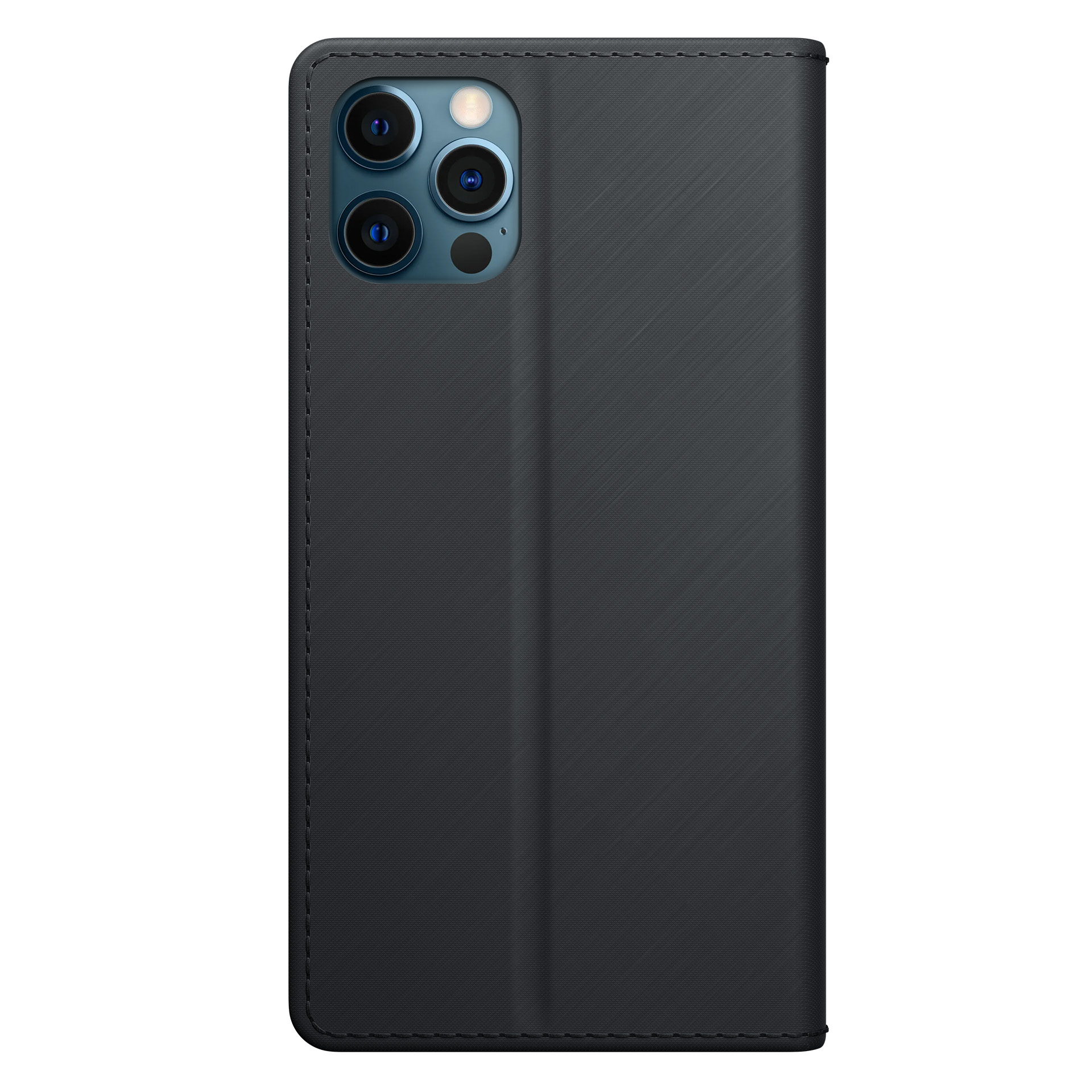 Czarny futerał na telefon z telefonem w środku. Futerał jest otwarty. Telefon ma wiele obiektywów aparatu.