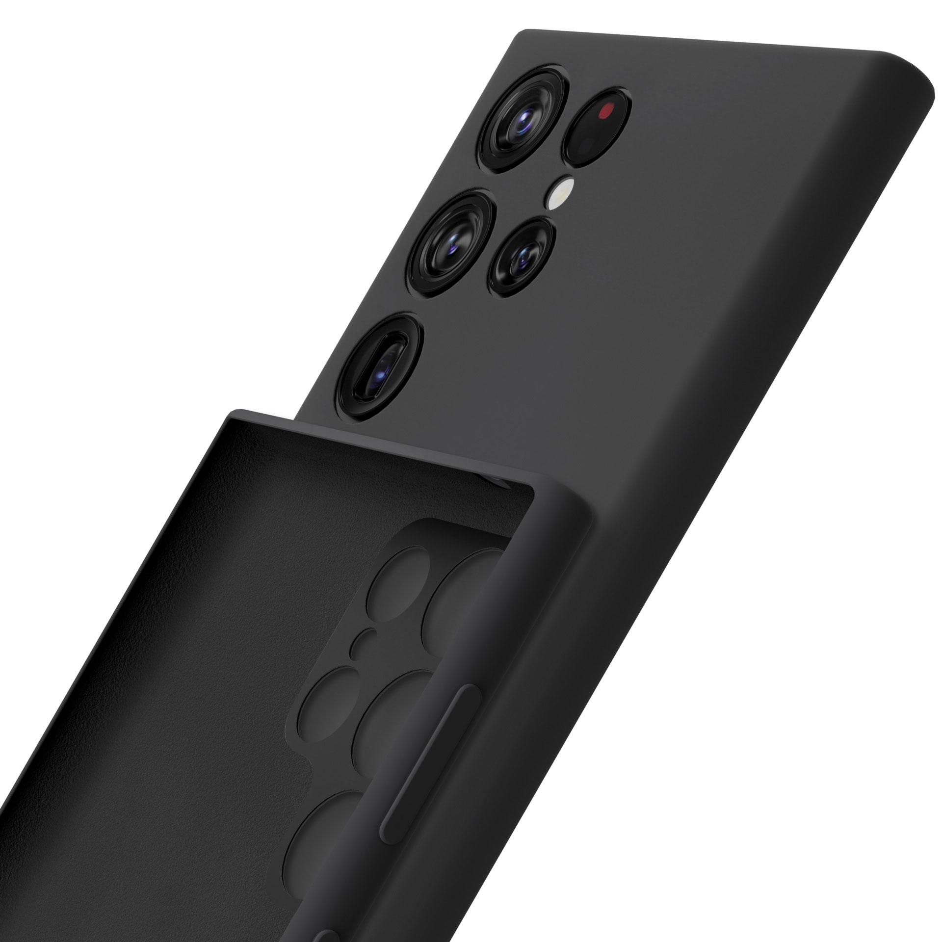 Czarny telefon z etui. Etui jest otwarte. Telefon ma wiele obiektywów aparatu. Białe tło.