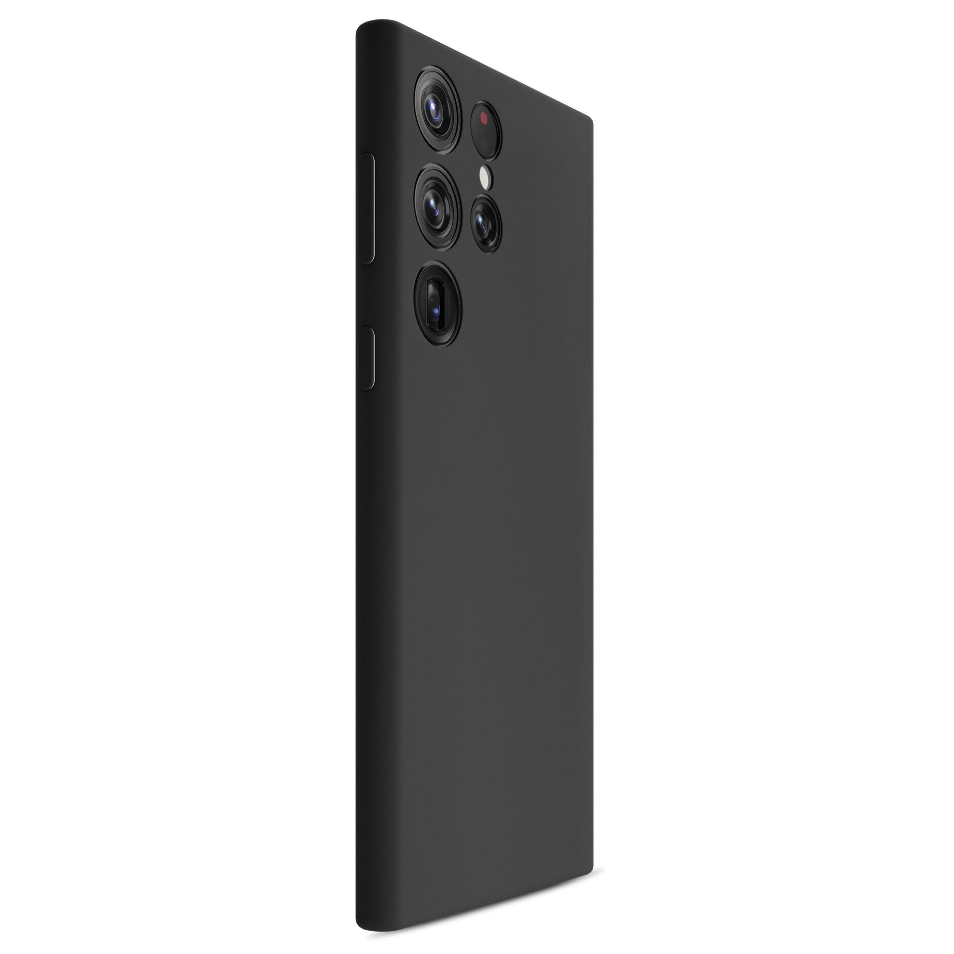 Czarny smartfon stoi pionowo, prezentując zestaw kamer na białym tle.