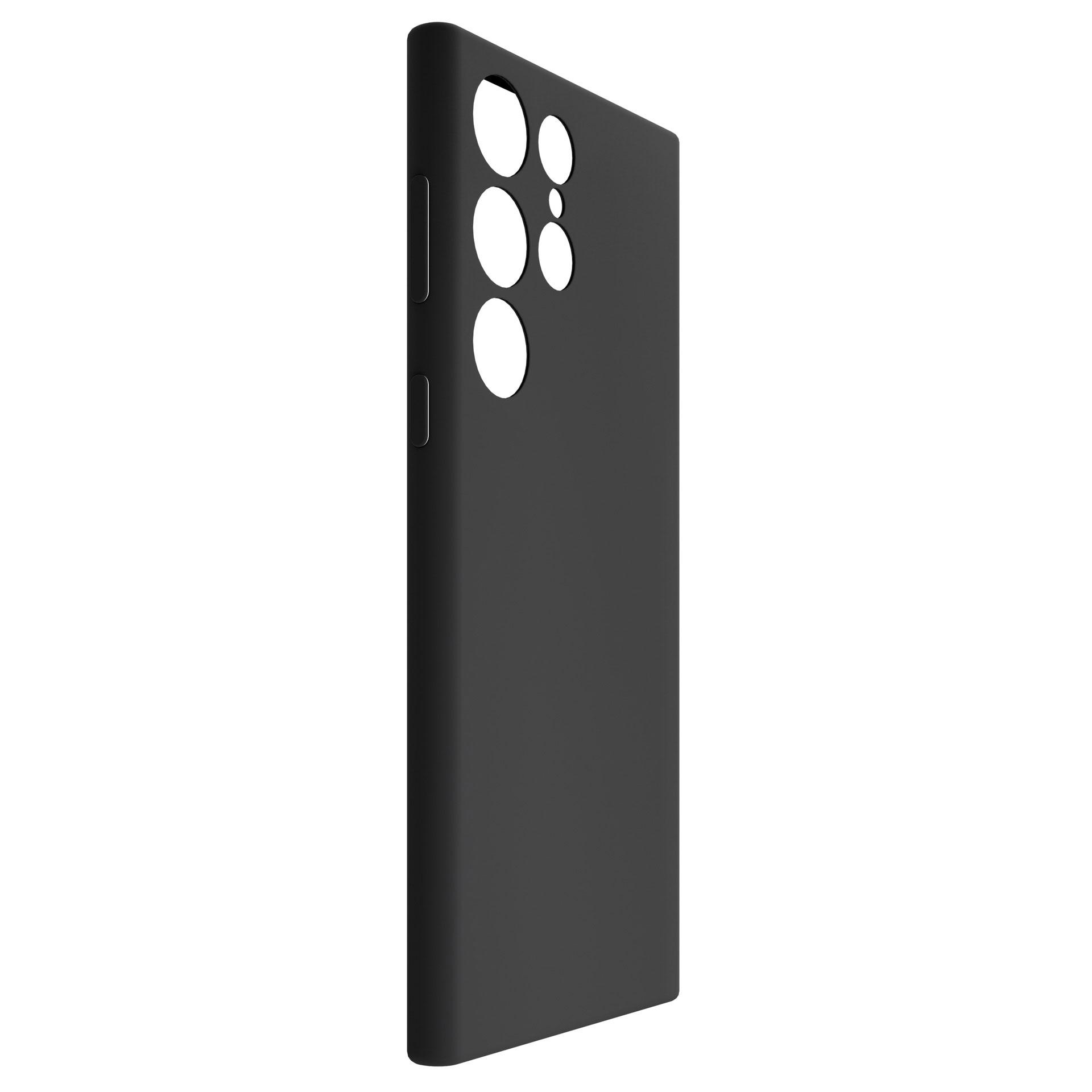 Czarne etui na telefon stoi pionowo na białym tle, pokazując wycięcia na aparat.