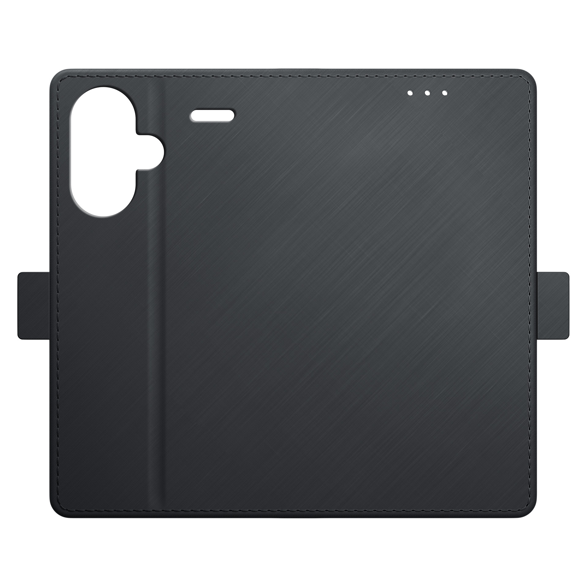 Zamknięte czarne etui portfelowe z wycięciem w kształcie telefonu i magnetycznym paskiem.