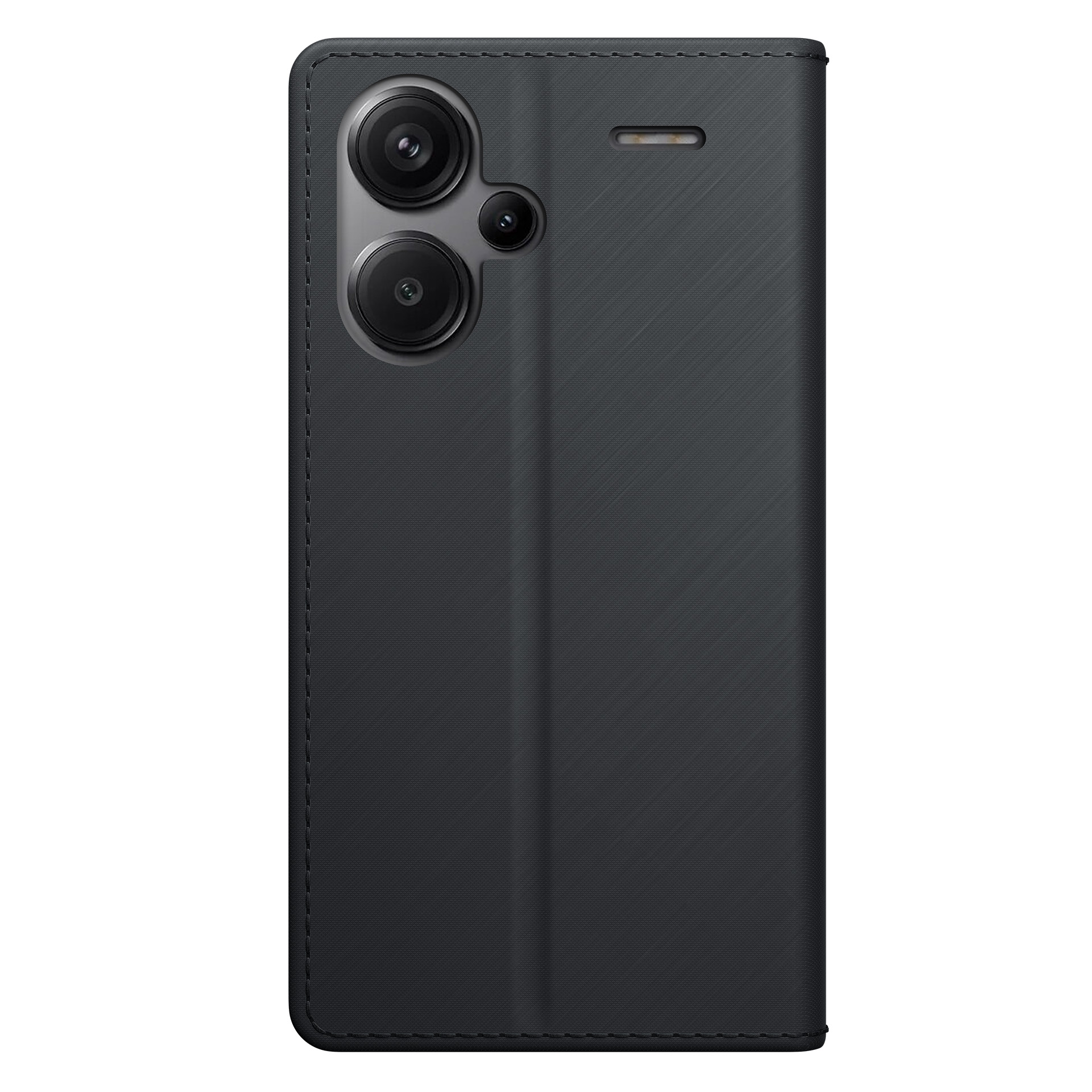Czarny futerał na telefon z wycięciem na aparat, zamknięty. Obudowa ma teksturowaną powierzchnię.