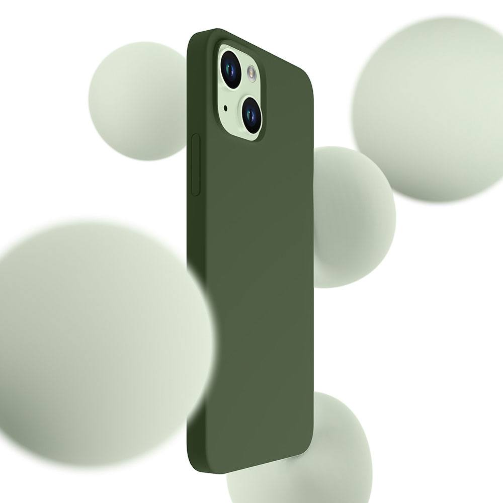 Etui na telefon z telefonem w środku i kilka sfer unoszących się wokół. Etui jest zielone.