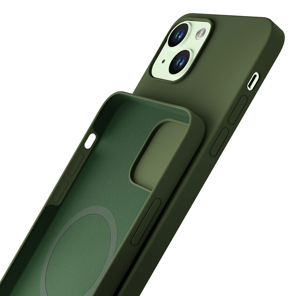 Zielone etui na telefon pokazuje wnętrze i obszar aparatu, ustawione pod kątem na białym tle.