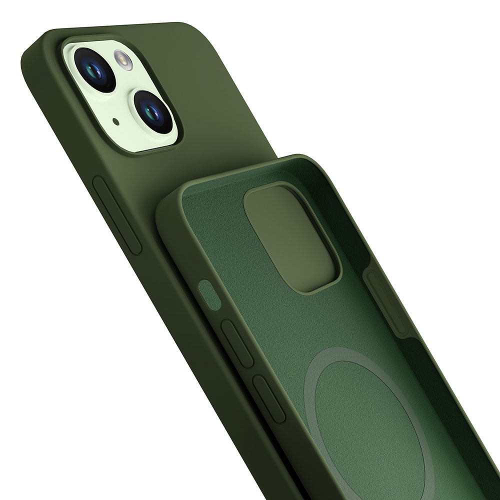 Zielone etui na telefon pokazuje wnętrze i obszar aparatu, ustawione pod kątem na białym tle.