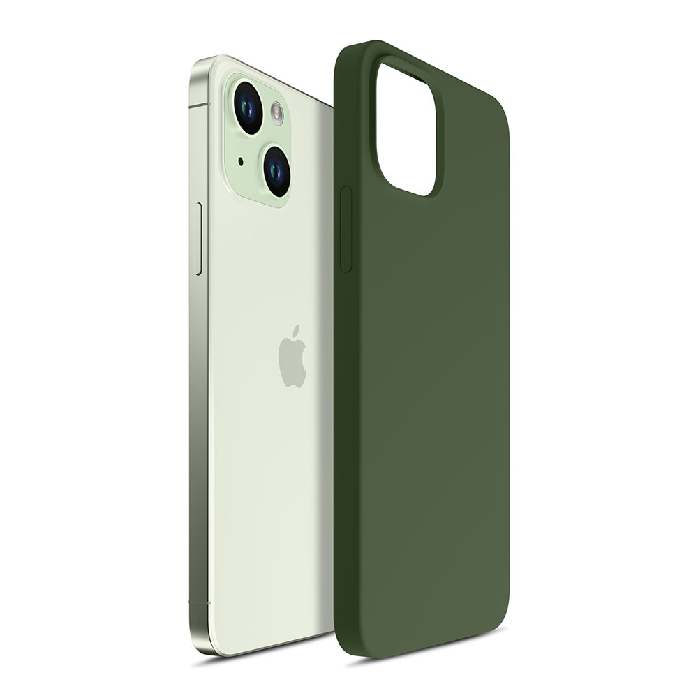 Zielone etui na telefon obok telefonu na białym tle.