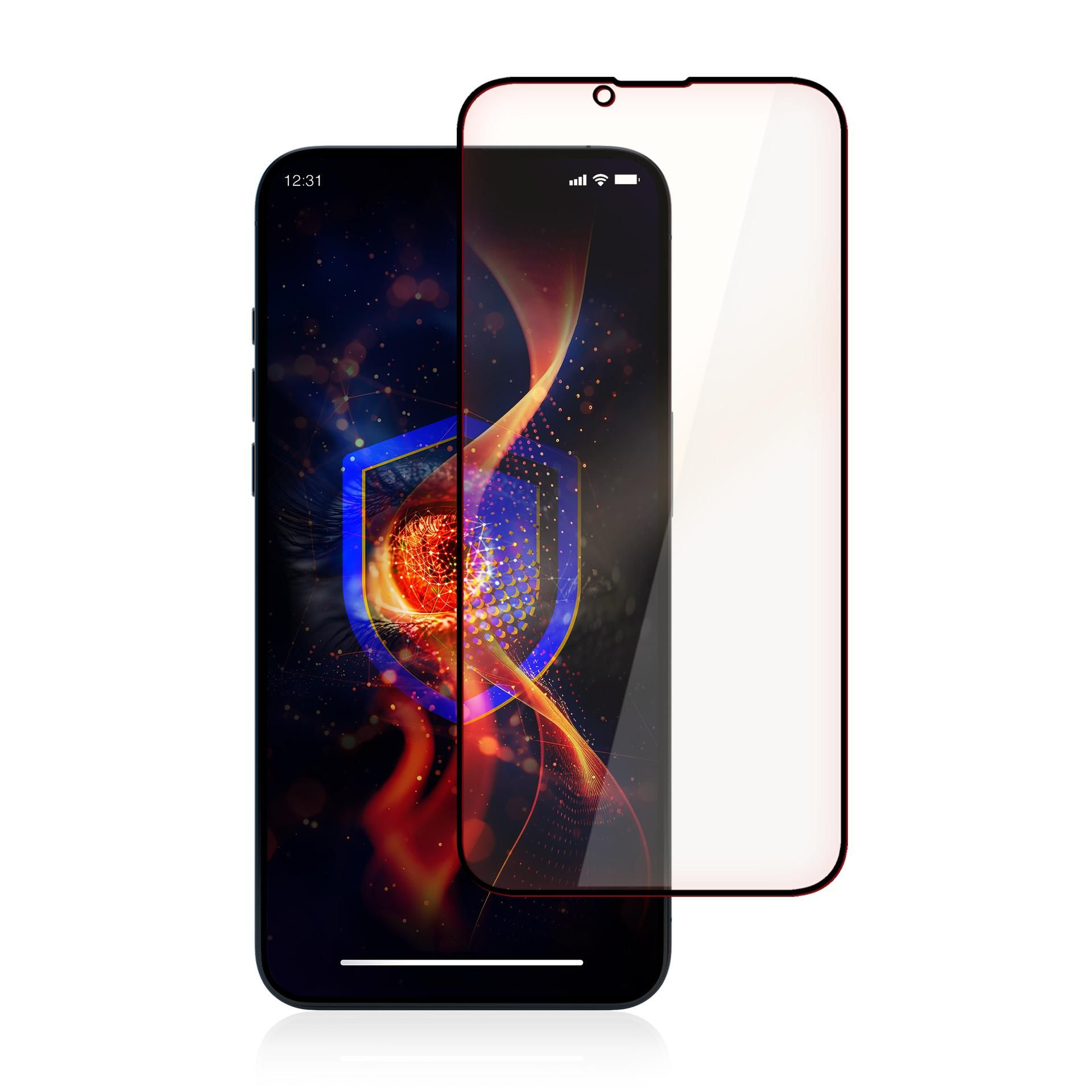 Telefono con protezione schermo. Lo schermo mostra un design infuocato con uno scudo blu.