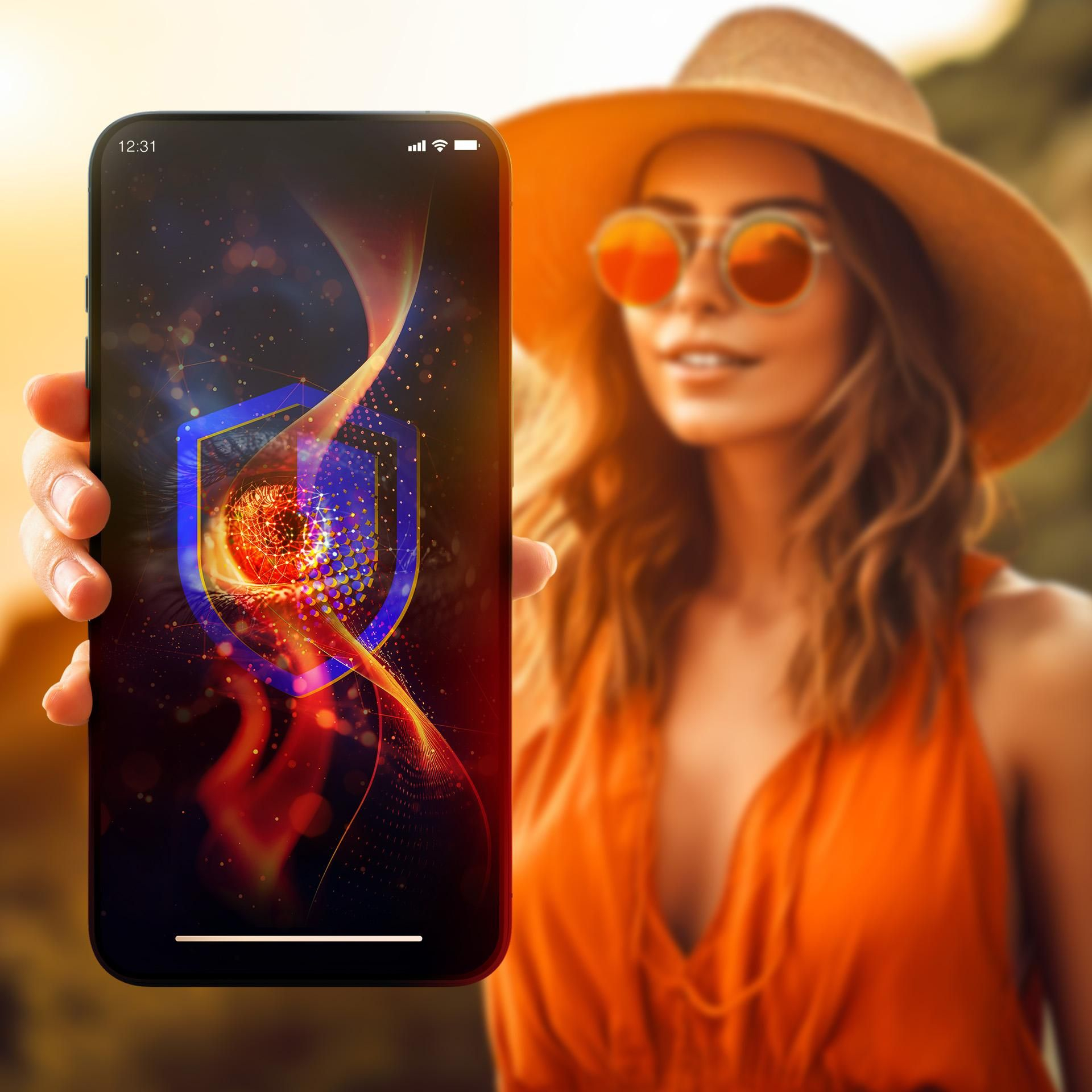Donna che tiene in mano un telefono con un design infuocato e uno scudo blu sullo schermo.