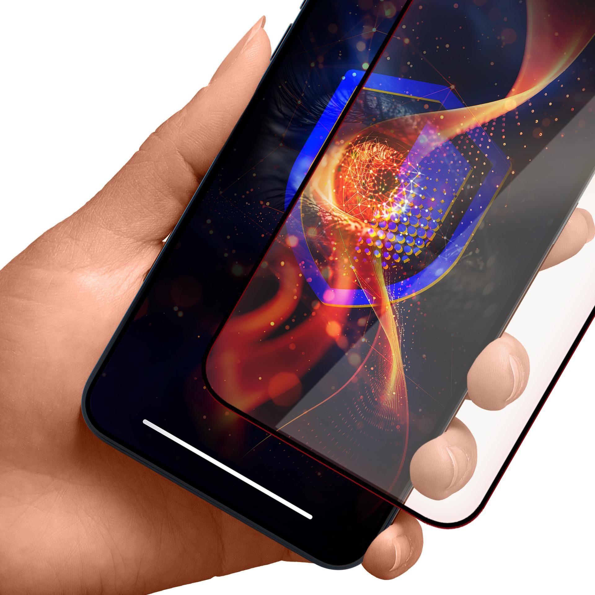 Primo piano di una mano che applica una protezione per lo schermo a un telefono con un design infuocato.